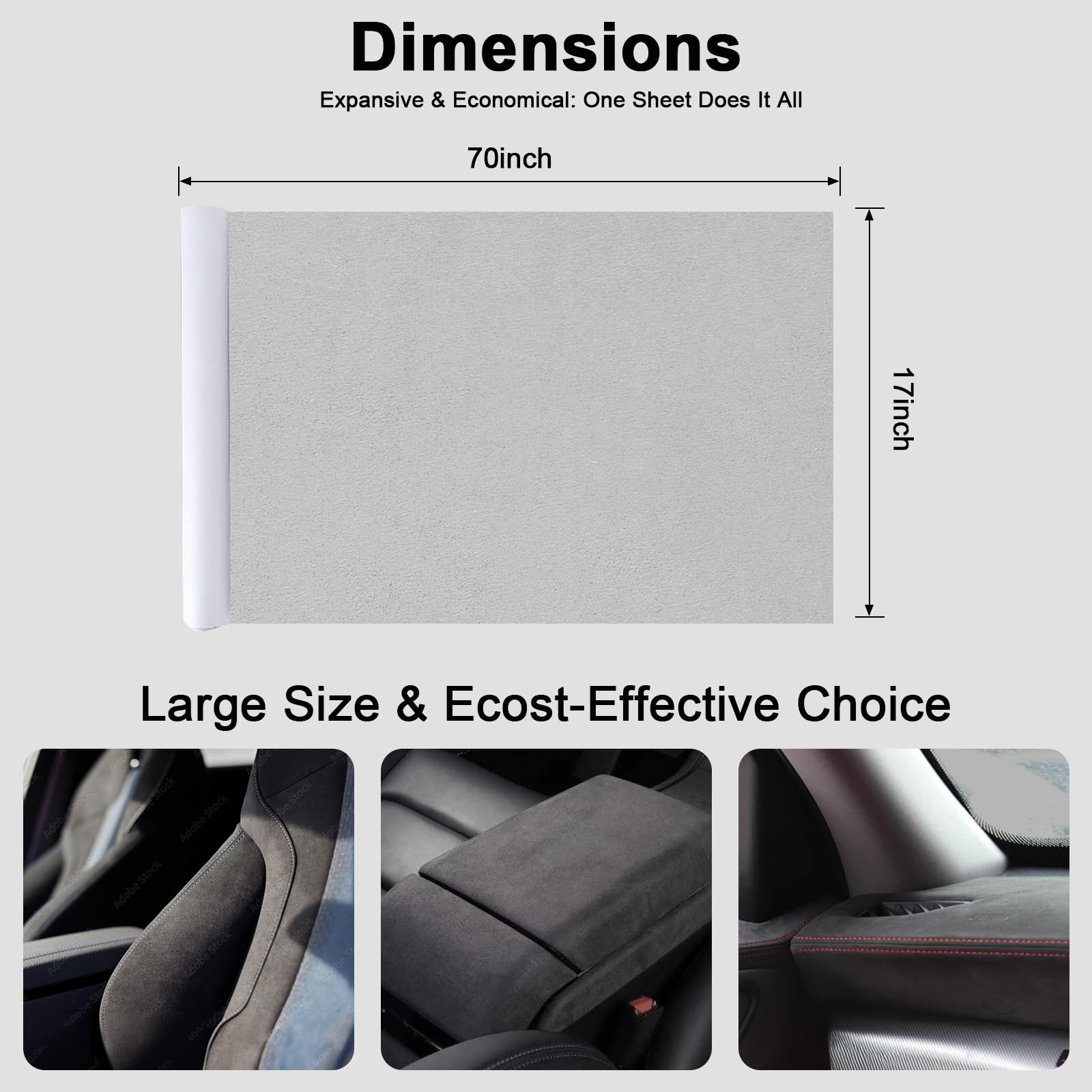 RadiantDecor Suede Fabric Wrap - Light Grey, 17x70 Inches, Self-Adhesive Microfiber for Car Interior & Home Decor, Model RDZZJPR1770QHS