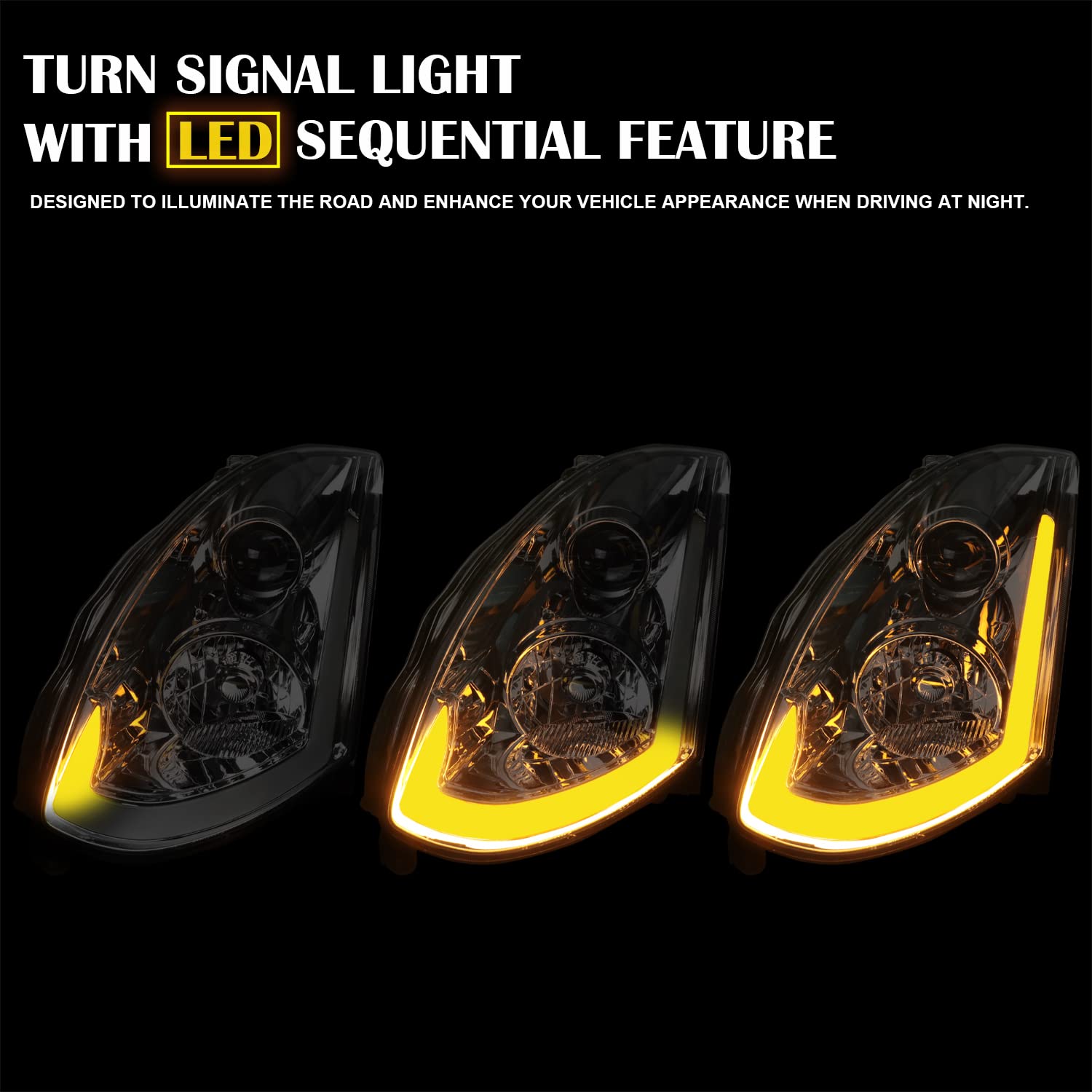 SPEC-D Tuning Smoke Projector Headlights with Sequential LED Strip for 2003-2007 Infiniti G35 Coupe - Left & Right Pair Assembly