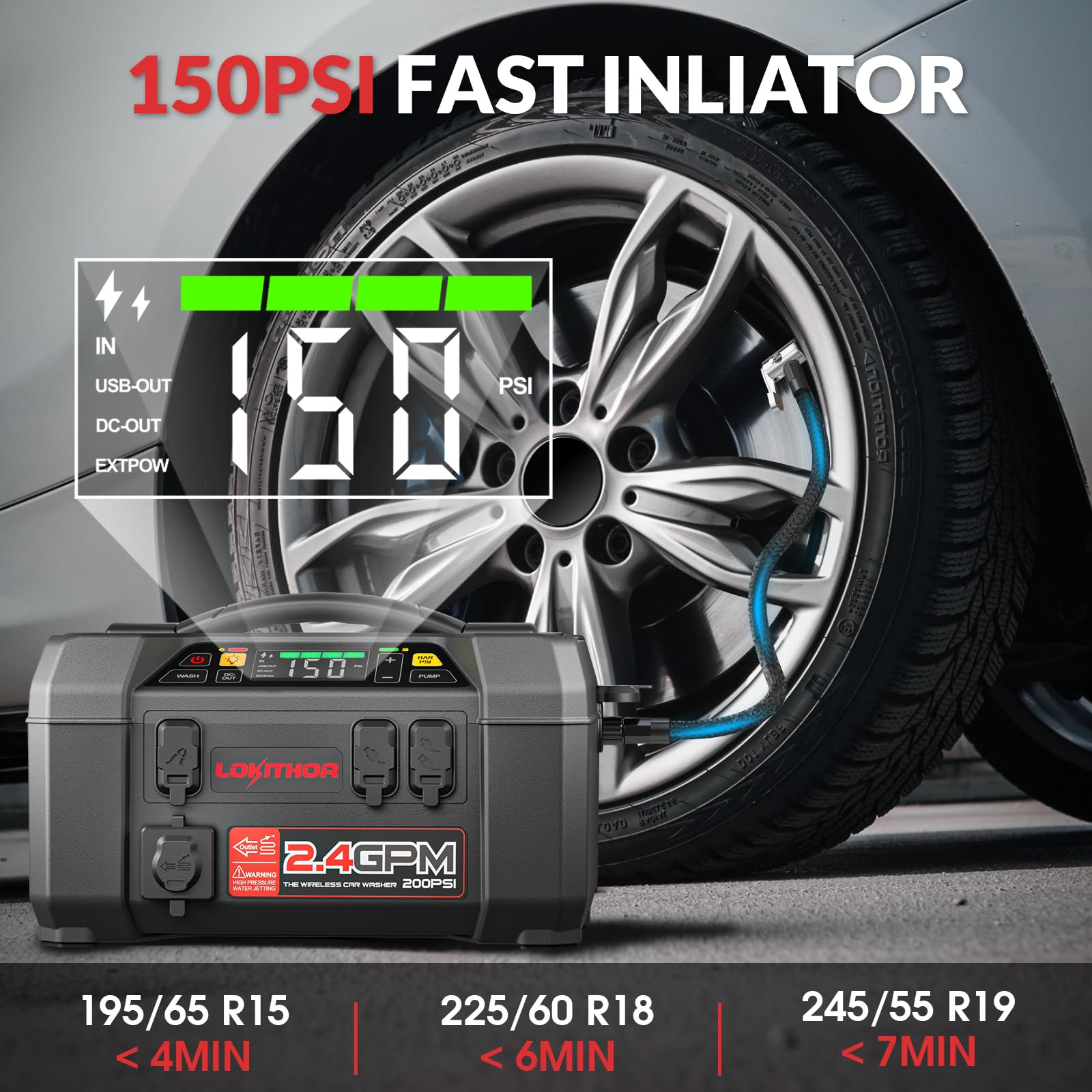 LOKITHOR AW401 Jump Starter 2500A, 150PSI Tire Inflator, Outdoor Shower, Gray