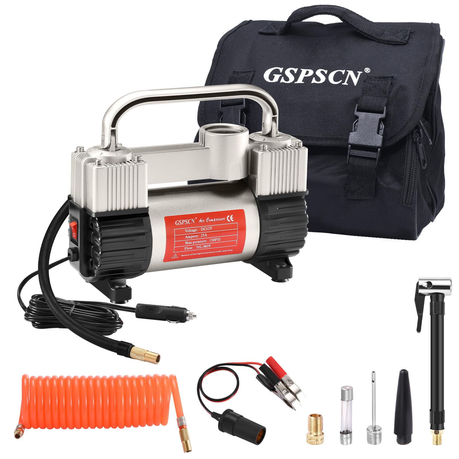 Gspscn Silver Tire Inflator Heavy Duty Double Cylinders With Portable Bag- Car Accessories?Metal 12V Air Compressor Pump 150Psi 