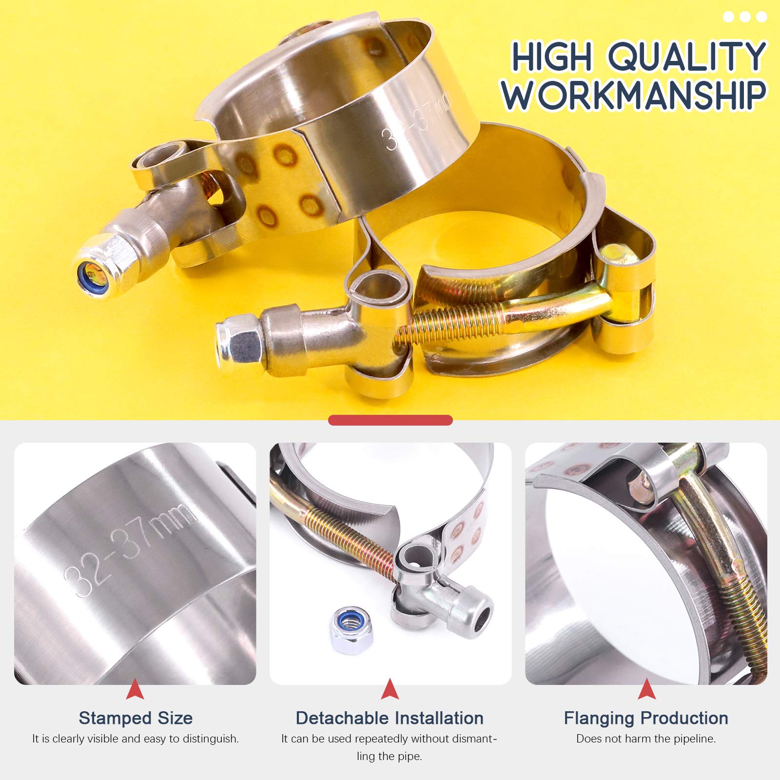 Hilitchi 2Pcs Stainless Steel T-Bolt Clamps With Rounded Band Edges Heavy Duty Turbo Intake Intercooler Clamp (63-71Mm) For 2 1/