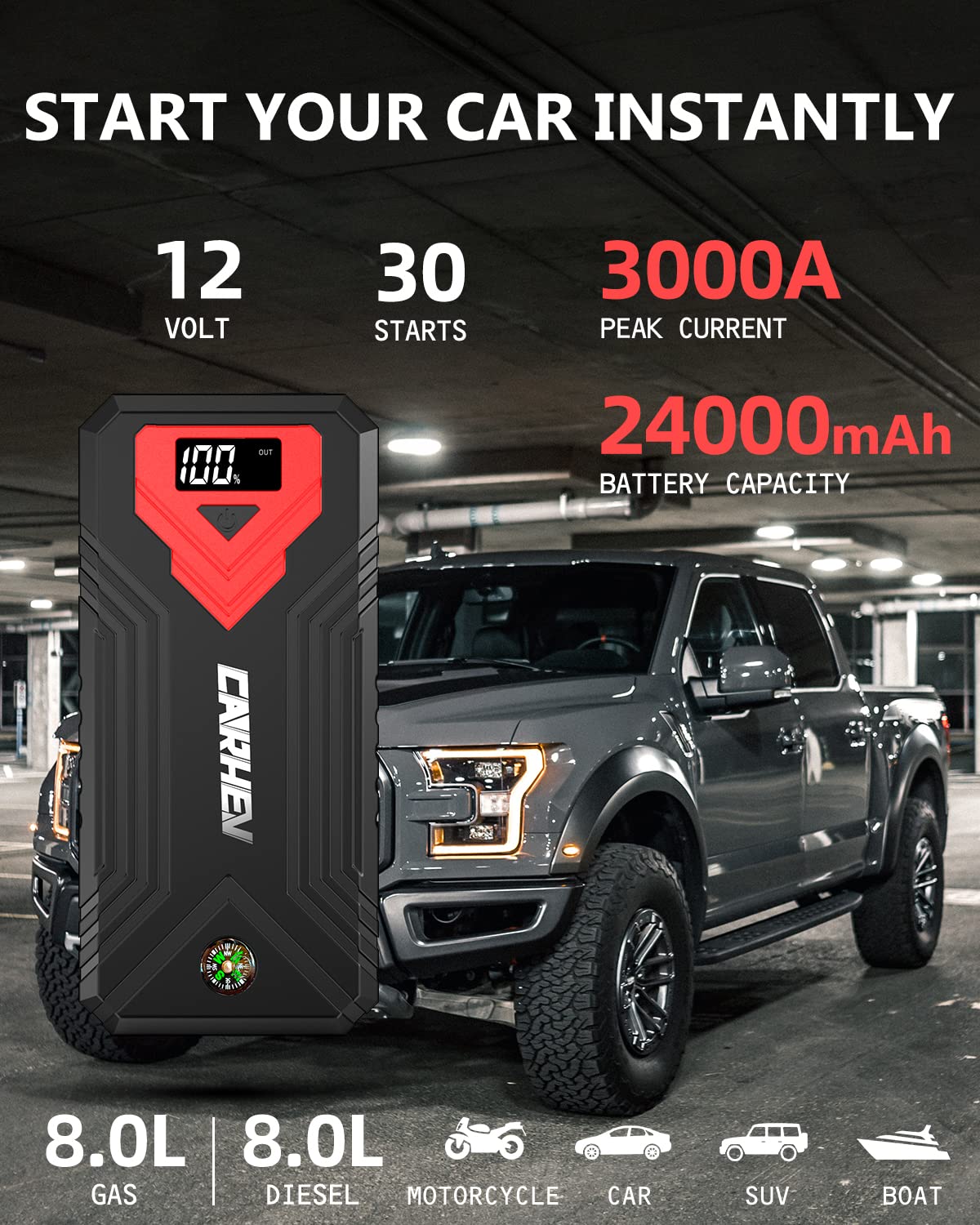 CARHEV 3000A Jump Starter, 24000mAh, 12V Portable Battery Jumper Starter for Gas/Diesel Engines, Model JS01 with LED Light & USB QC 3