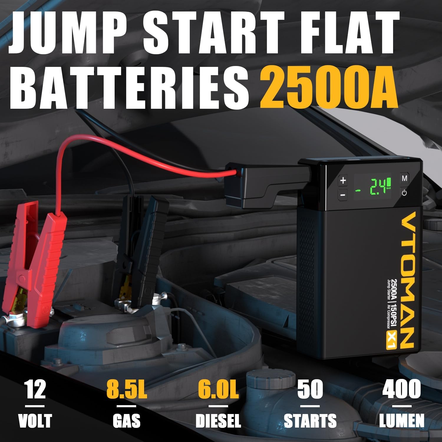 VTOMAN X1 Jump Starter & Air Compressor - 150PSI, 12V Portable Lithium Booster Pack, Black, Model JS-577, Up to 8.5L Gas/6