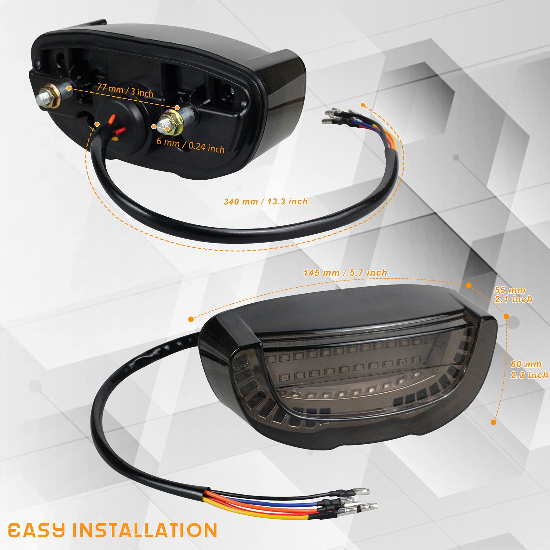 QUASCO Integrated Motorcycle Brake Tail Light & Turn Signals, Black/Blue/Orange, Compatible with Honda/Suzuki/Yamaha, ABS Material