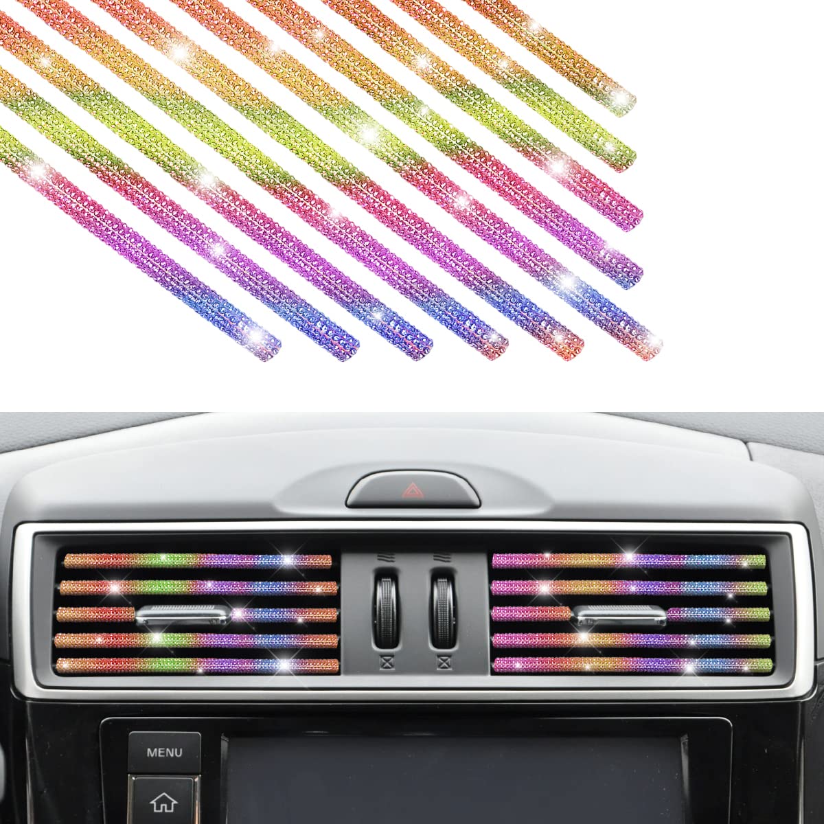 Bling Car Vent Outlet Trim, 10Pcs Handcrafted Rhinestones Diamond Decoration Strips For All Straight Air Conditioner Outlet, Bli