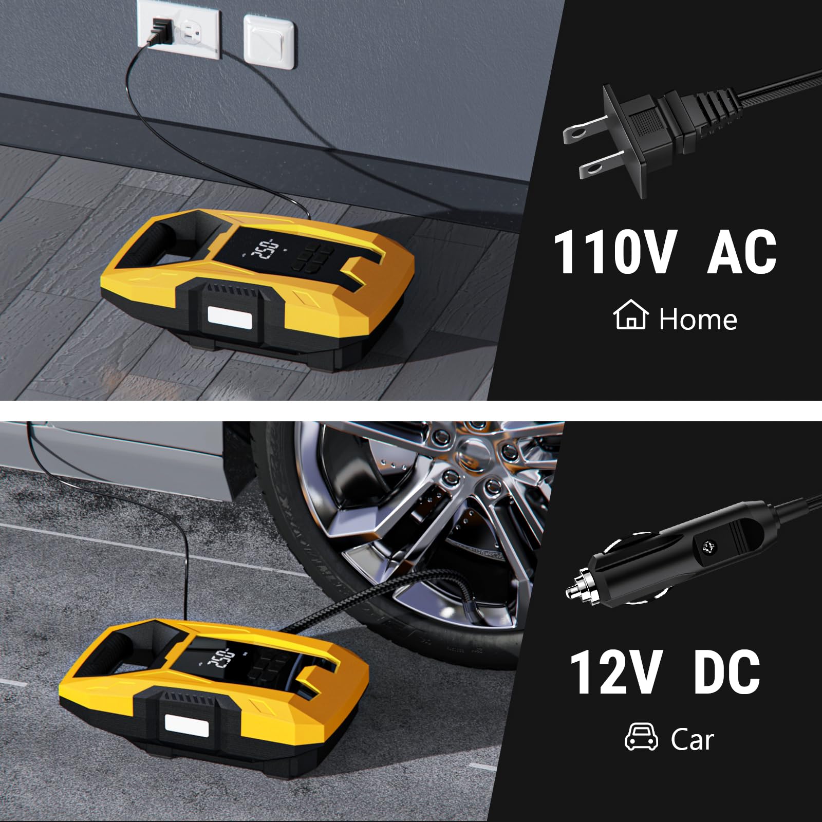 CARSUN Portable AC/DC Tire Inflator, 110V AC/12V DC, Auto Shutoff, Pressure Gauge, Yellow, Model T2221-Y