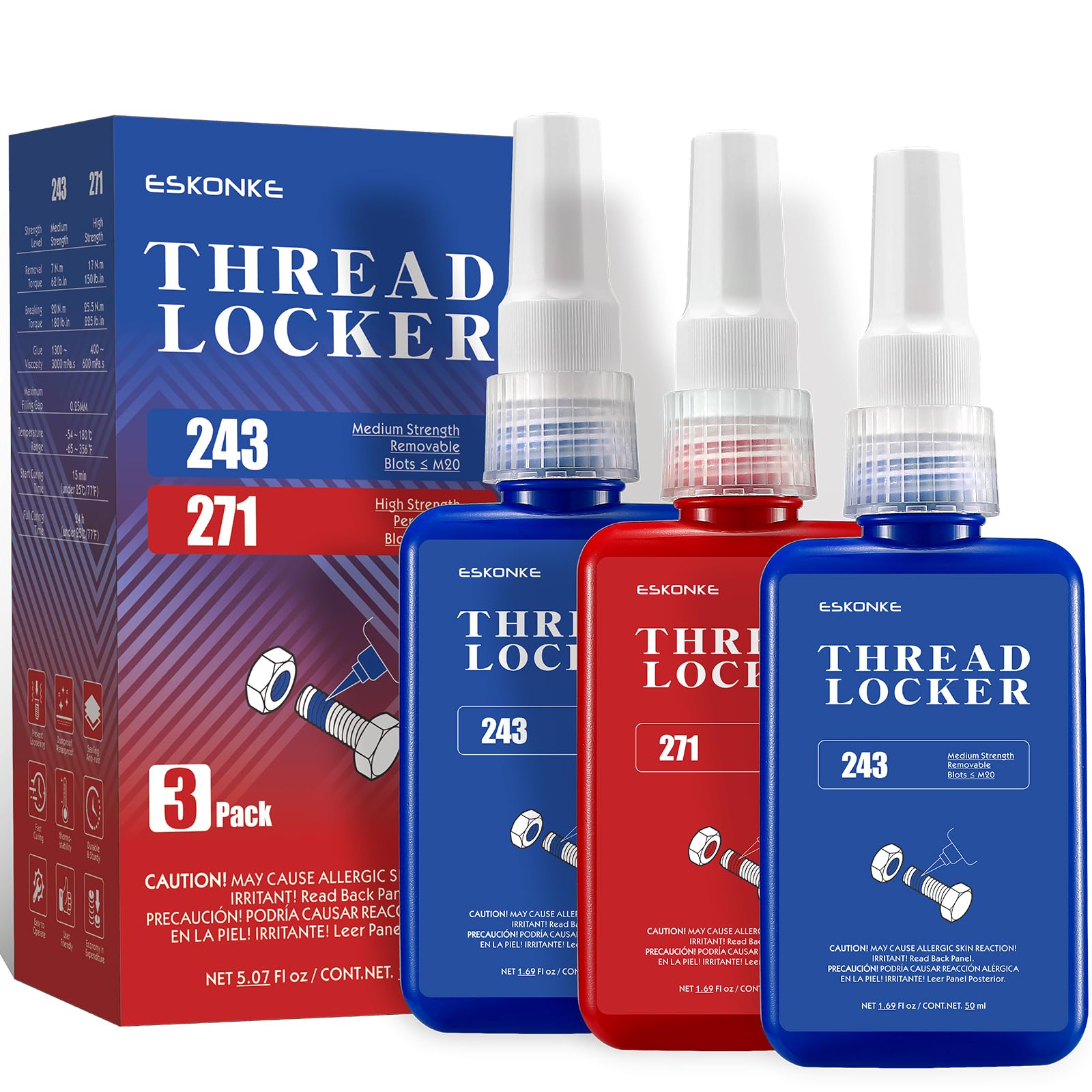 Eskonke 3 Pack Thread Locker Blue 243 + Red 271 Removable & Permanent Locking 5.07 Fl Oz Nuts Bolts Threadlocker Seal & Lock Tig