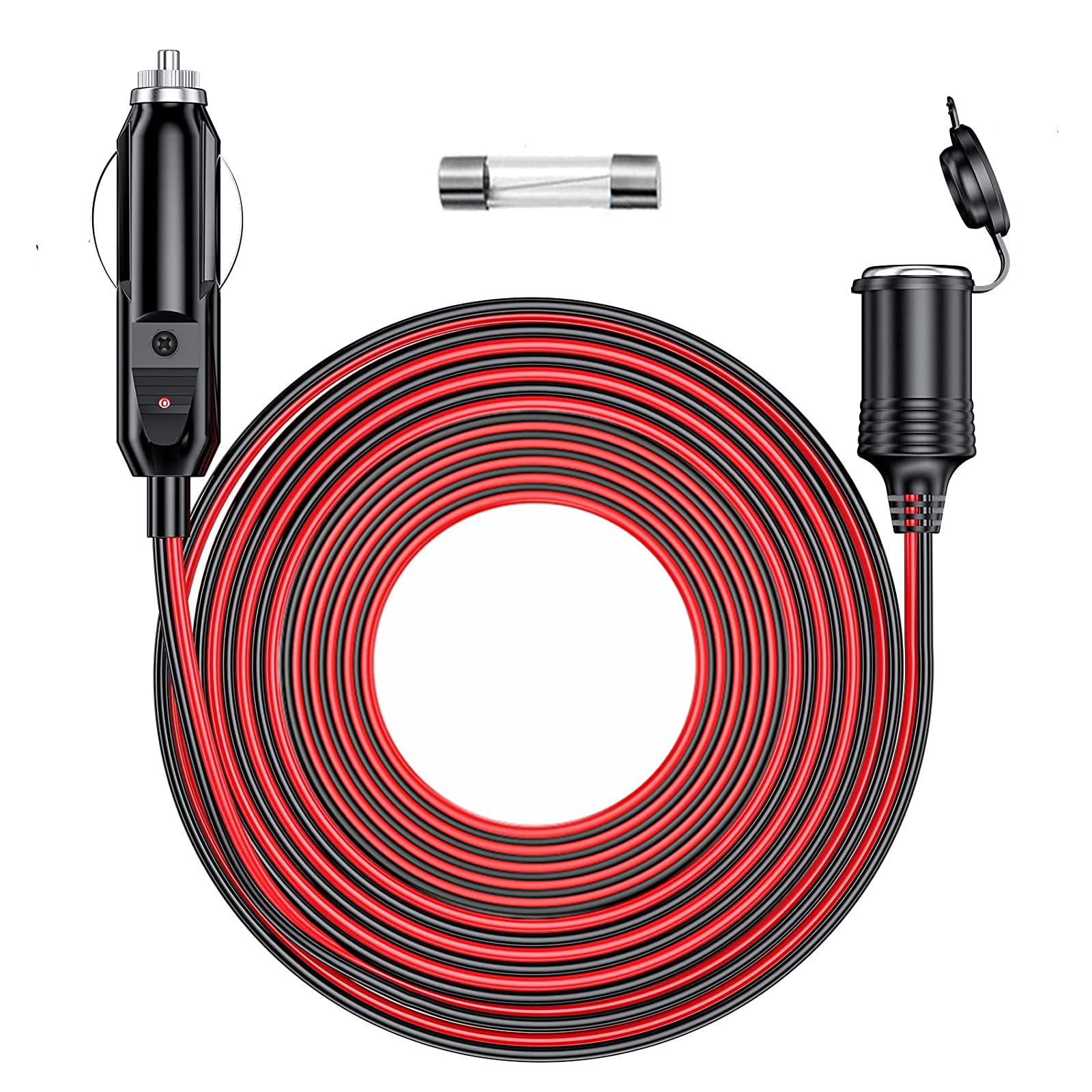 Rwujilong 12V/24V Heavy Duty Cigarette Lighter Extension Cord 26Ft 16Awg With Led Light For Car Vehicle Tire Pump Air Compressor Refrigerator Coffee Maker Etc. (1*Spare Fuse)