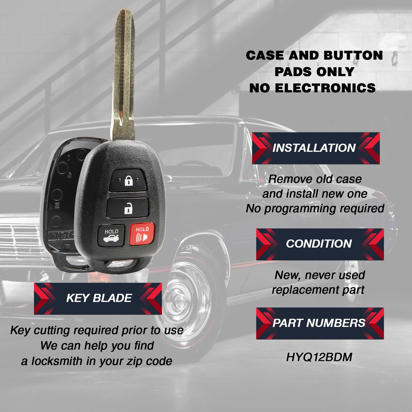 USARemote Key Fob Shell for 2012-2017 Toyota Camry & 2014-2017 Corolla/RAV4/Highlander, Plastic Case & Pad, Keyless Entry