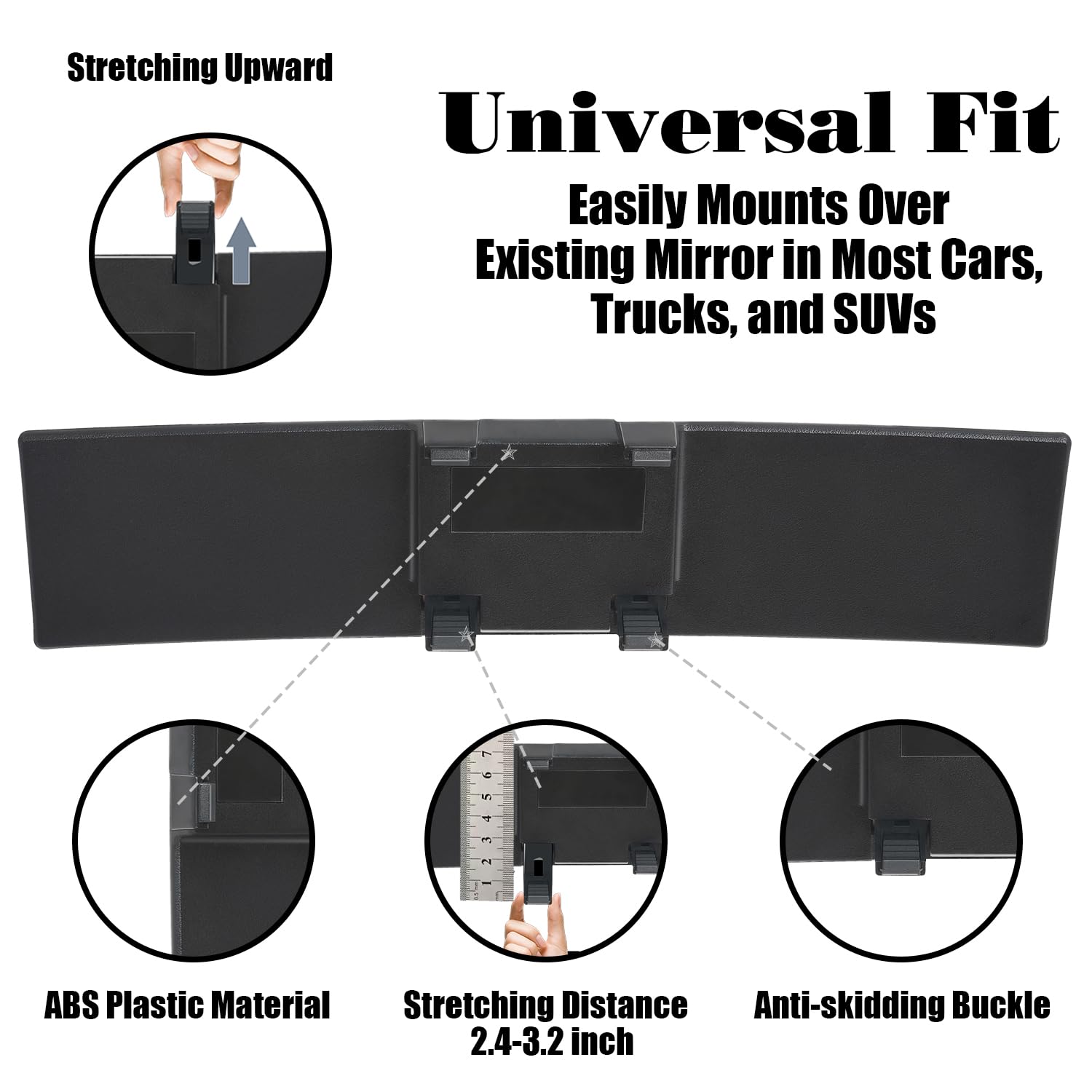 Yoolight Car Rearview Mirror - Universal 12" Panoramic Clip-On, Wide Angle, Black, Model 13, Durable ABS Material