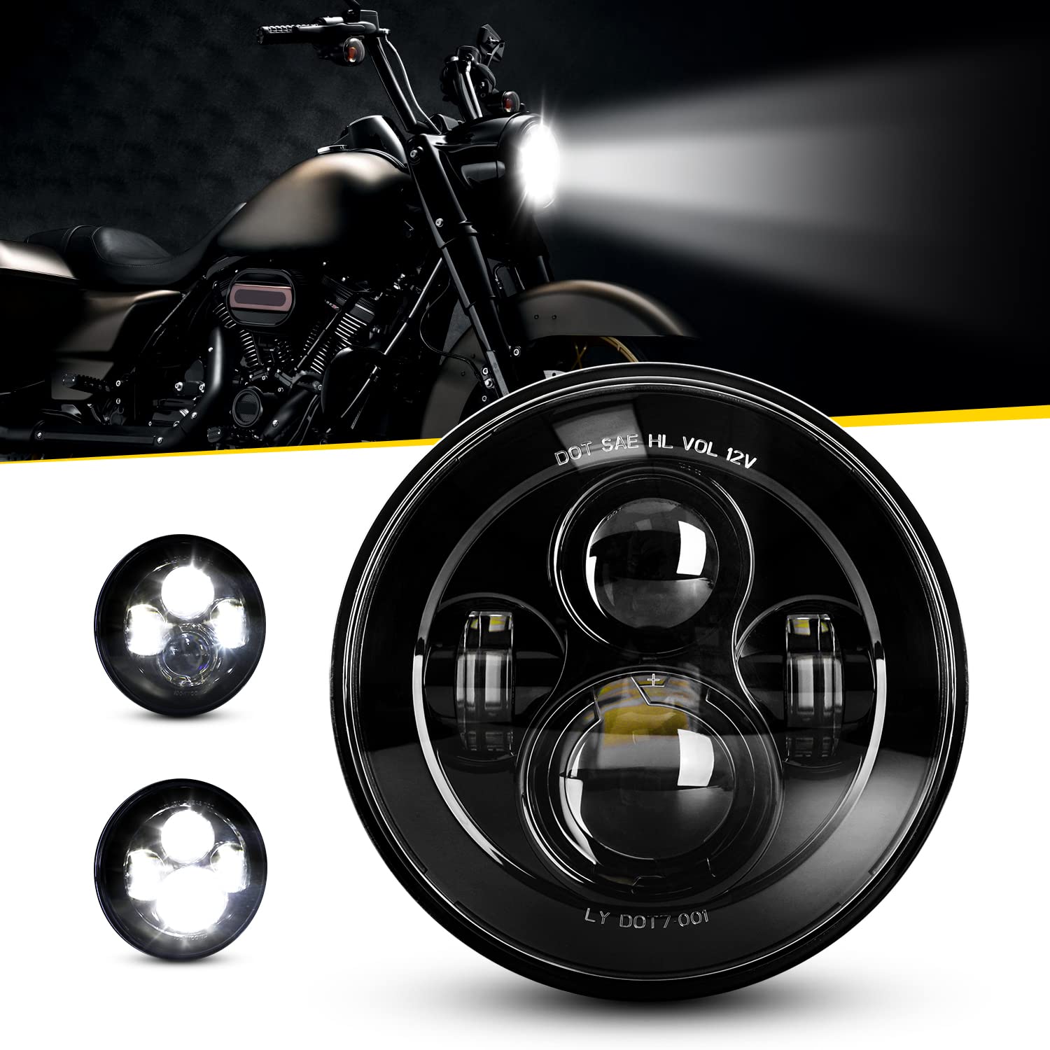 LX-LIGHT 7Inch Black LED Headlight for Motorcycles - DOT Approved, Model 0048A+JB, Compatible with Harley & Yamaha