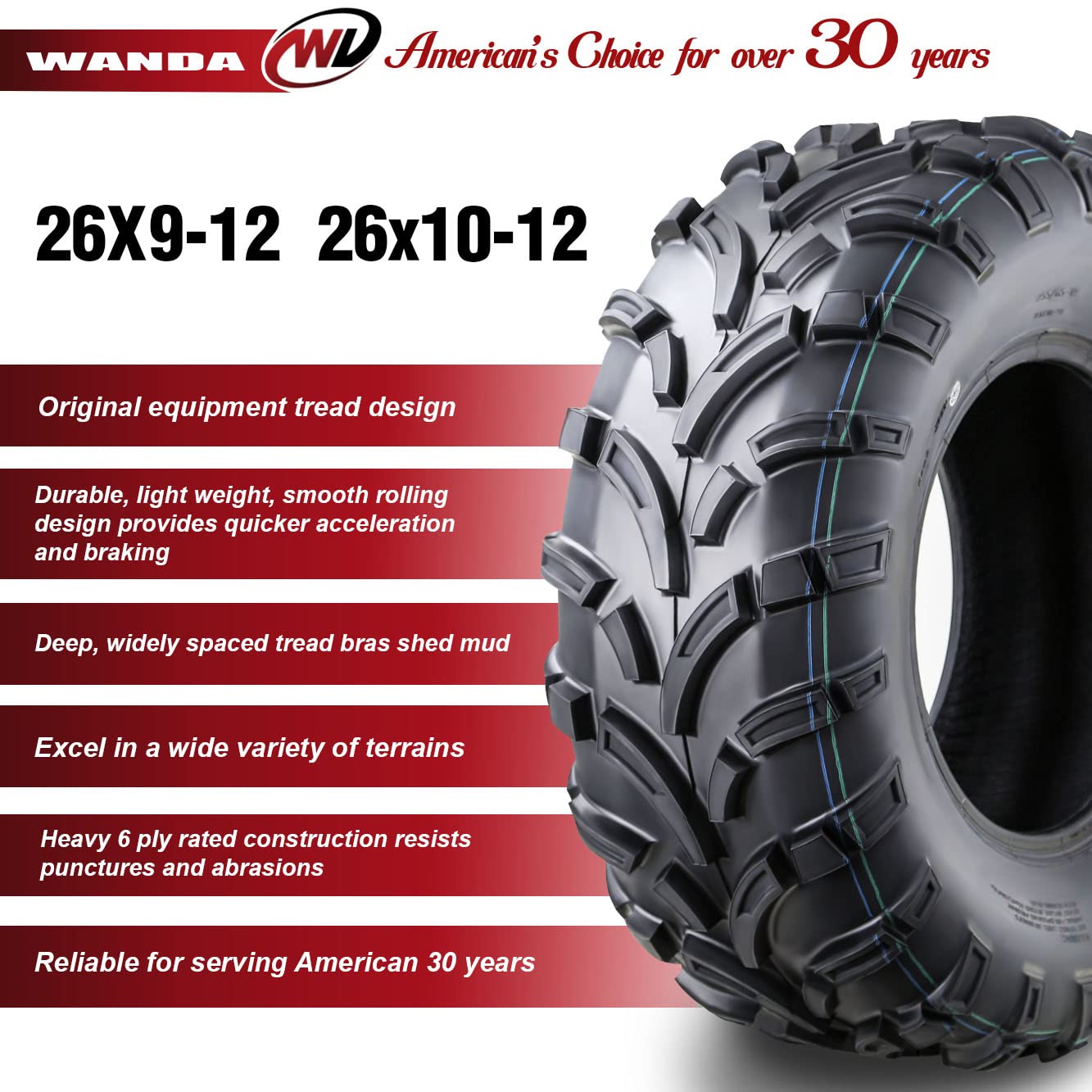 Wanda Set Of 4 Atv/Utv Tires 26X9-12 Front & 26X10-12 Rear /6Pr P373-10257/10259