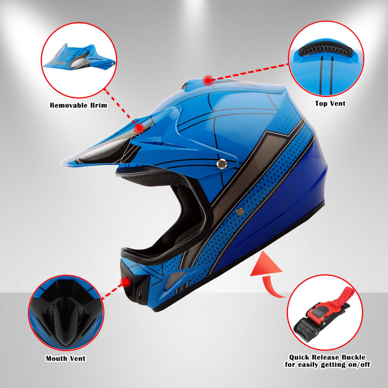 Wow Youth Kids Motocross Helmet Bmx Mx Atv Dirt Bike Helmet Spider Blue + Goggles + Mg Youth Blue Glove Bundle