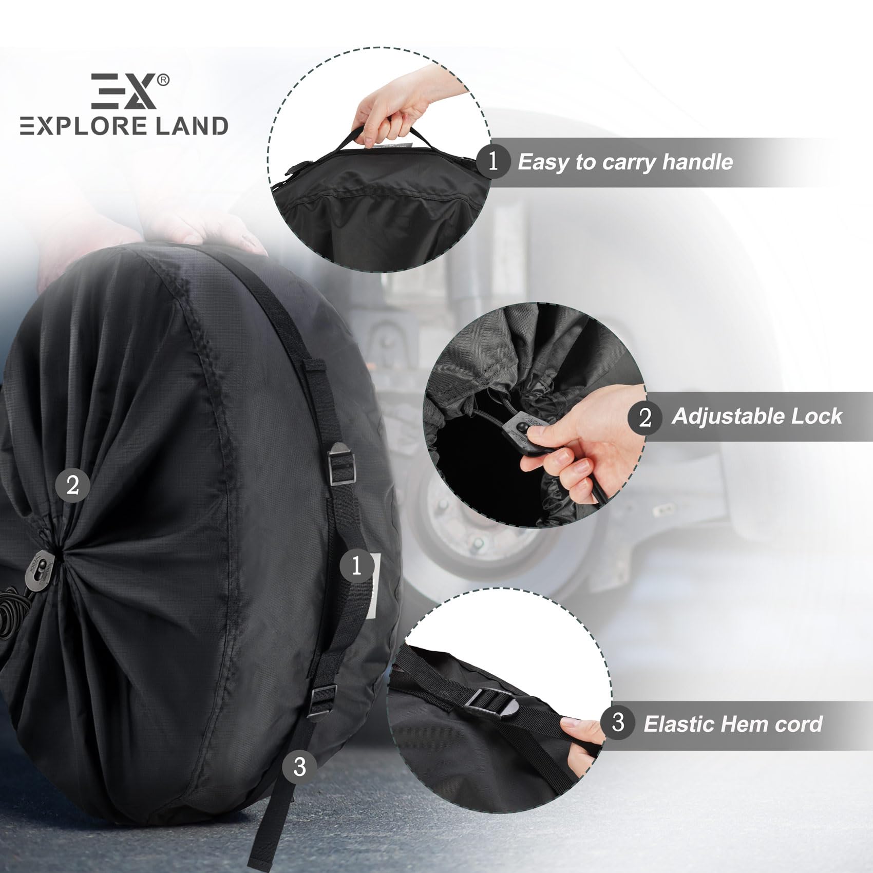 Explore Land Tire Cover - Durable Fabric Spare Tire Bag, Fits 29''-31.75'', Black, 4 Pack, Model 10708014