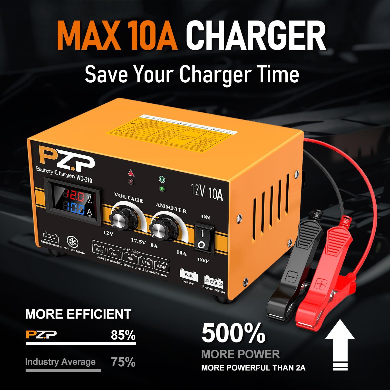 PZ.P 12V Battery Charger - 0-10 Amp Automotive Manual Maintainer, Metal, Orange & Black, Model WD-210