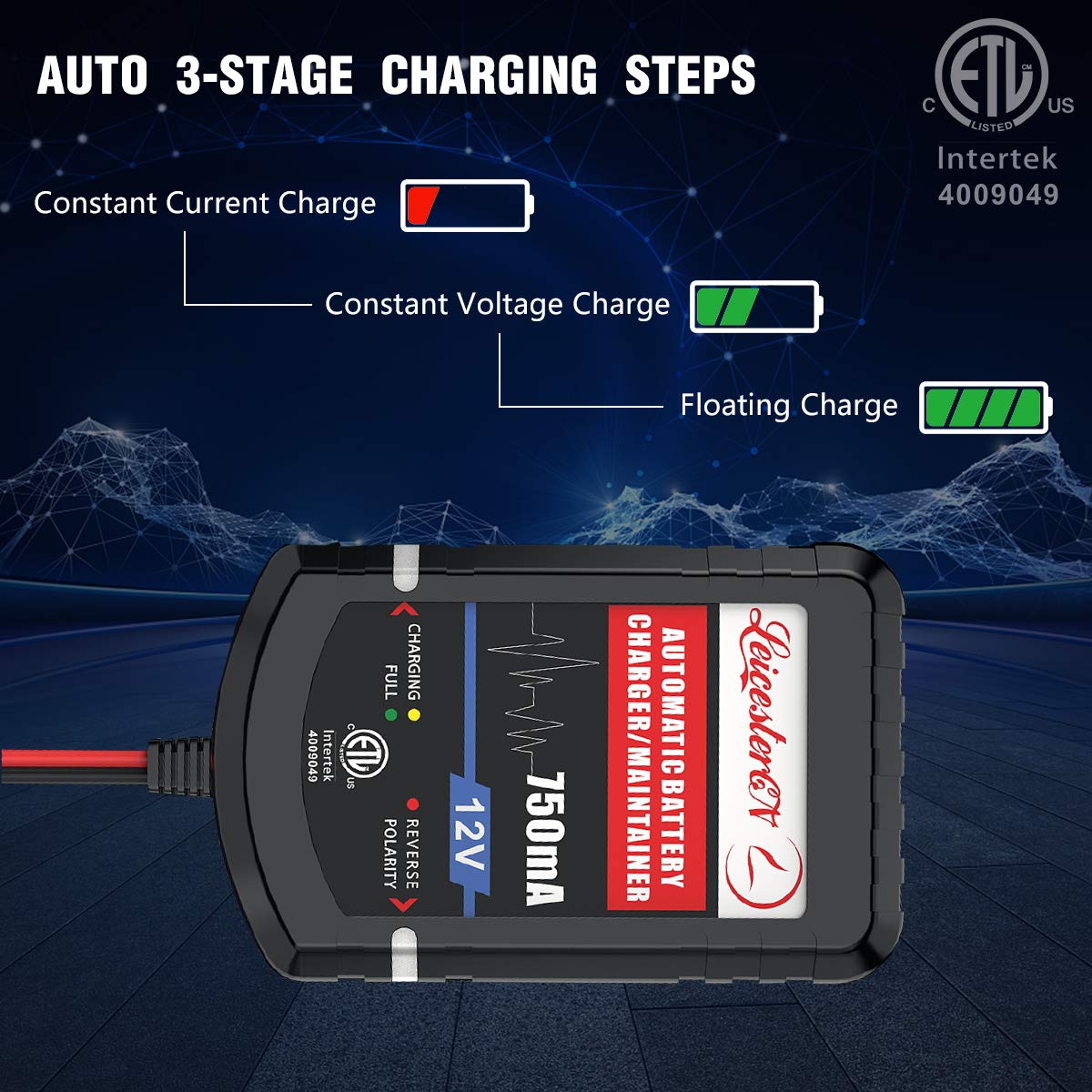 LEICESTERCN 4-Pack Automatic 12V Trickle Battery Charger Maintainer, 750mA, Smart Float for Car, Motorcycle, Lawn Mower, Boat - Yellow/Green/