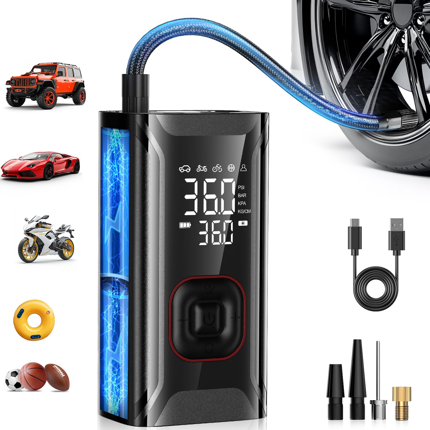 Tire Inflator Portable Air Compressor,Portable Tire Inflator for Car,Compact Air Pump for Car Tires,Bicycle,Rechargeable Air Pum