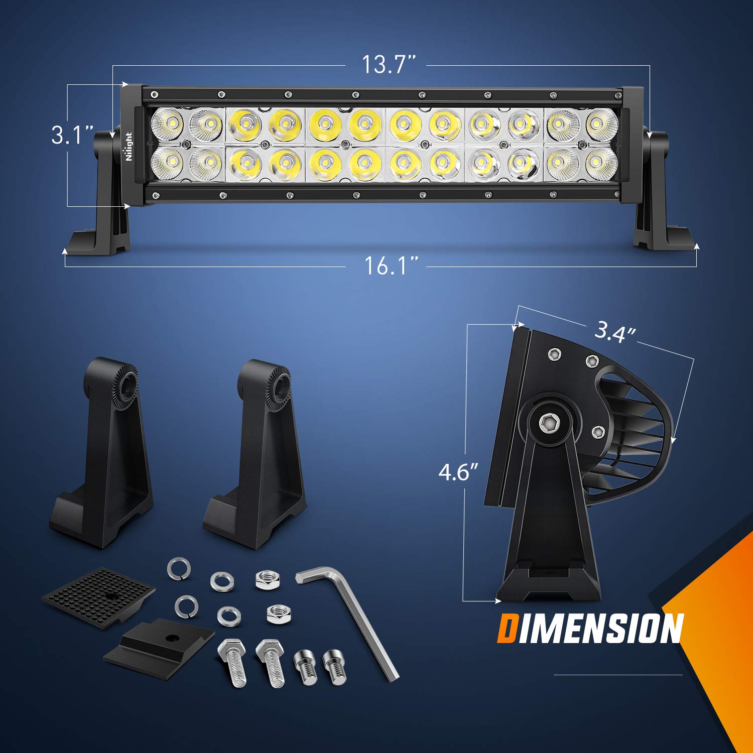 Nilight 13.5Inch 72W Spot Flood Combo Led Light Bar Off Road Lights Boat Lights Fog Light Driving Lights LED Work Light for ATV
