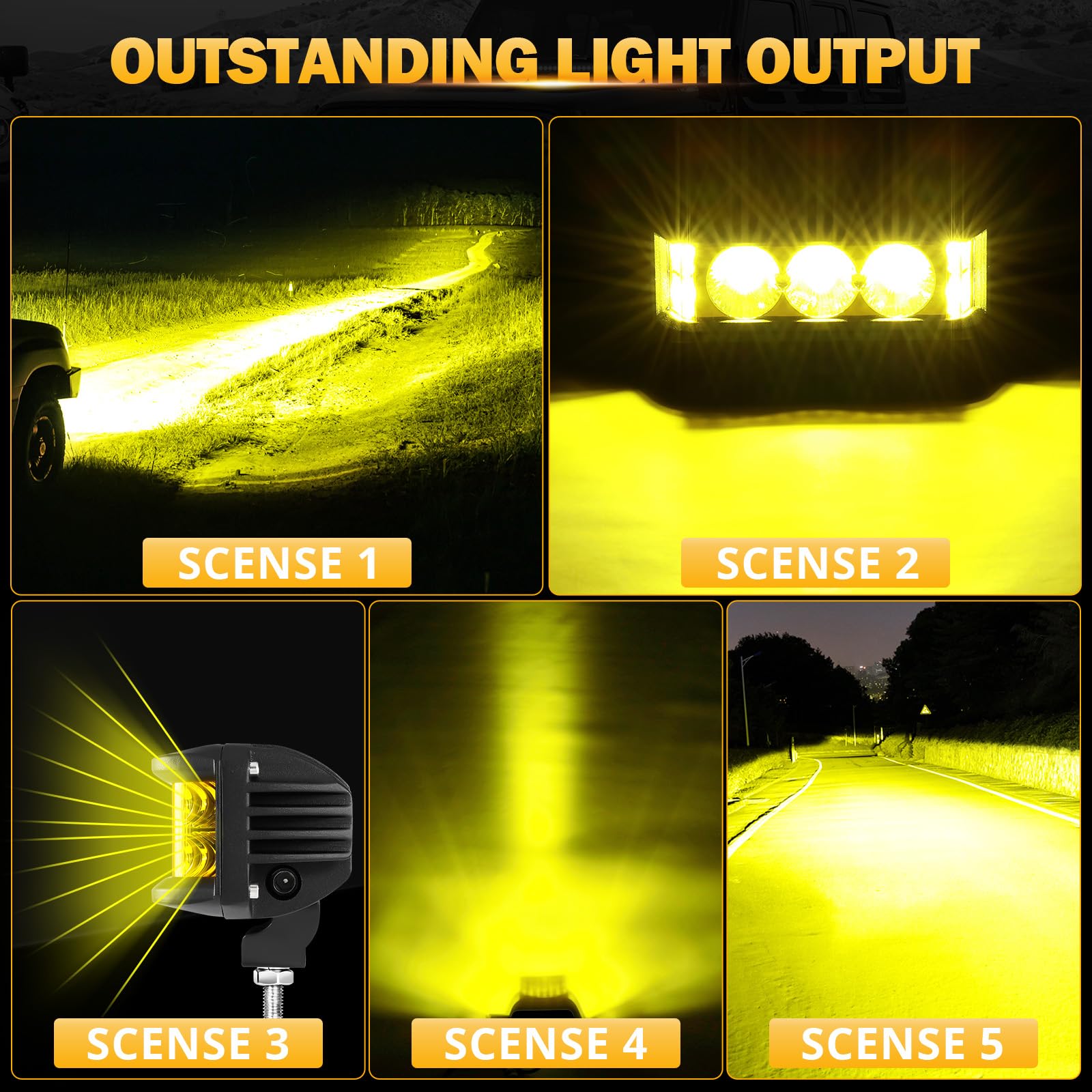 Auxbeam 5" 68W Amber LED Fog Light Bar - Waterproof Side Shooter for UTV, ATV, Jeep Wrangler, Model ZD000667VES, Yellow Offroad Lights