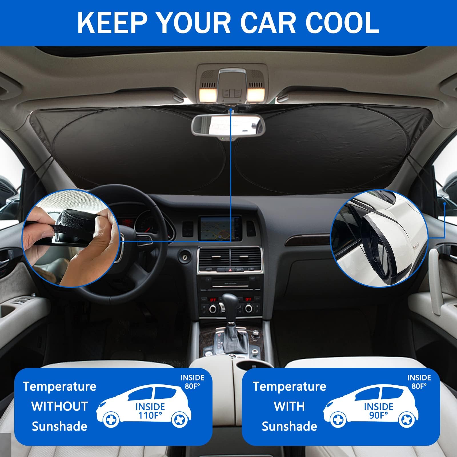 Car Windshield Sun Shade, Funny Eyes Sun Visor, Wear-Resistant Black Tape, Foldable 59X27.5/63''X31.5''