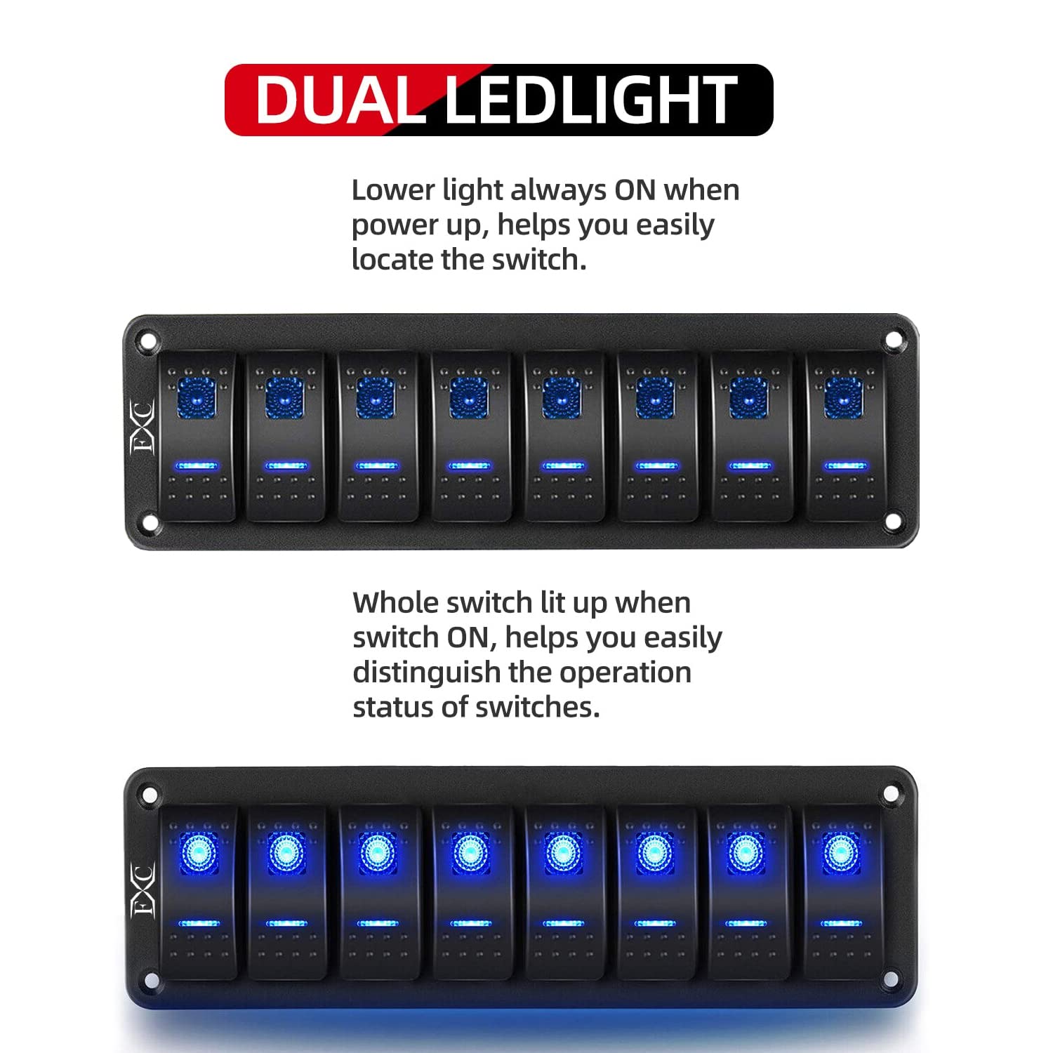 FXC Blue 8 Gang Rocker Switch Aluminum Panel Toggle Dash ON/Off Pre-Wired Switches Rocker Switch Panel Waterproof for 12V/24V Au