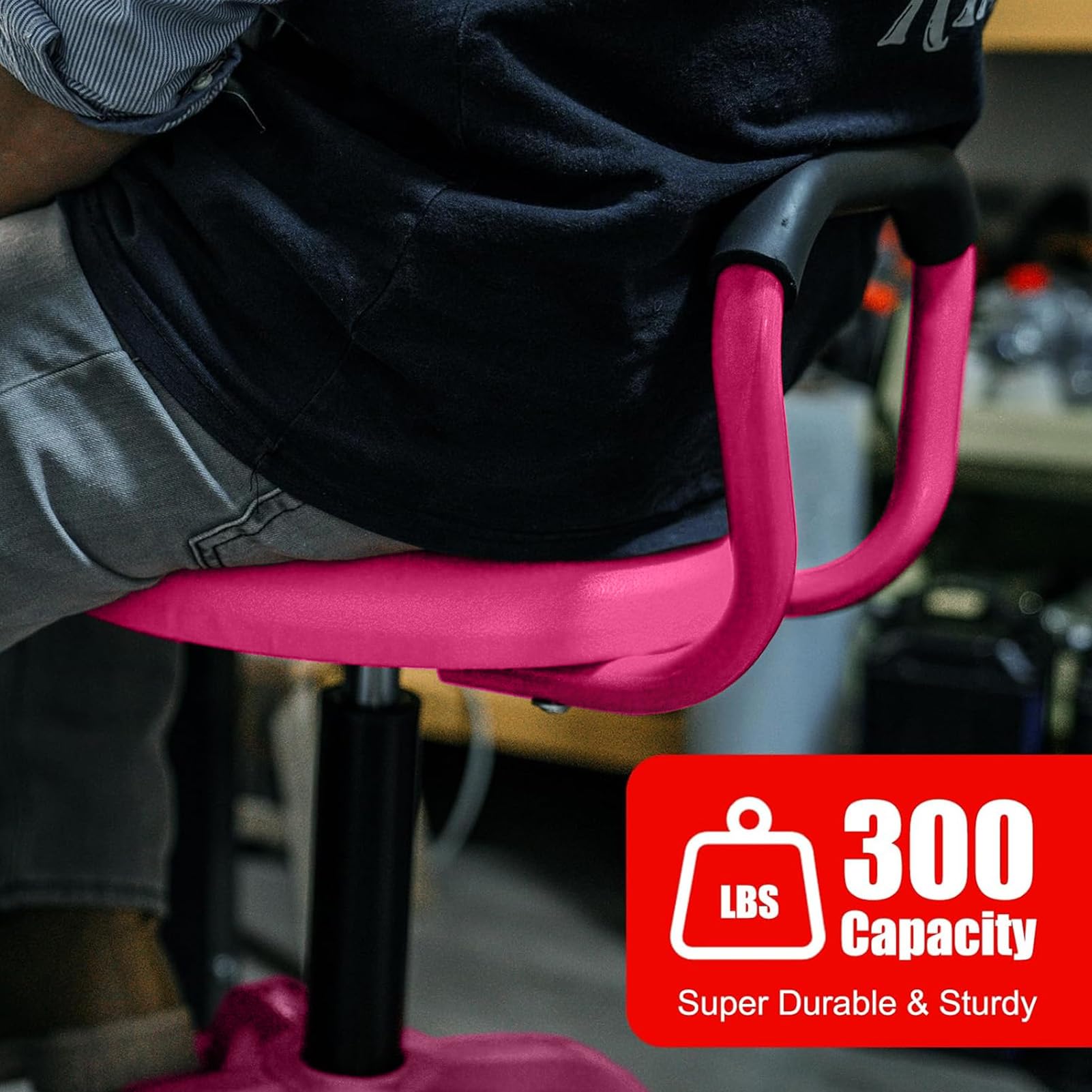 FreekyFit Adjustable Height Swivel Garage Stool, Heavy Duty Pink Shop Chair, 360° Rotation, Model D03-P, 300 LBS Capacity