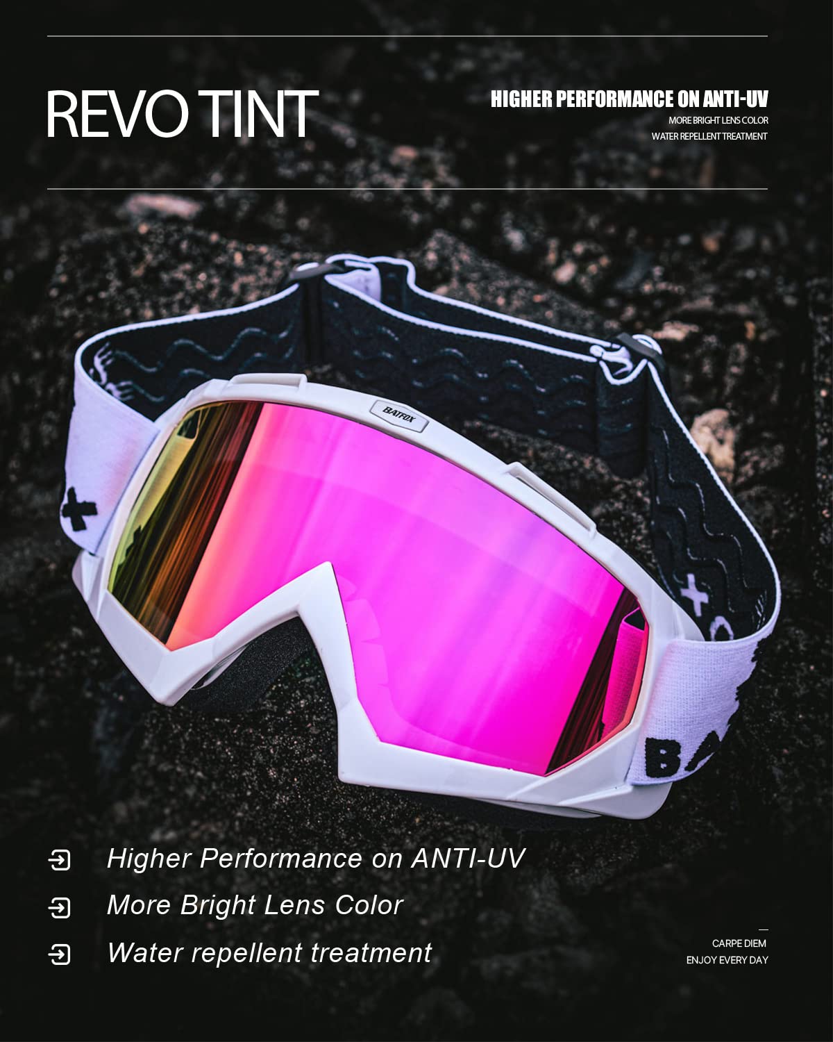 BATFOX Dirt Bike Goggles - UV400 Protection, Dust-proof, Anti-Slip Strap, 6 x 2.5 inch, White/Pure Purple, Model F-816