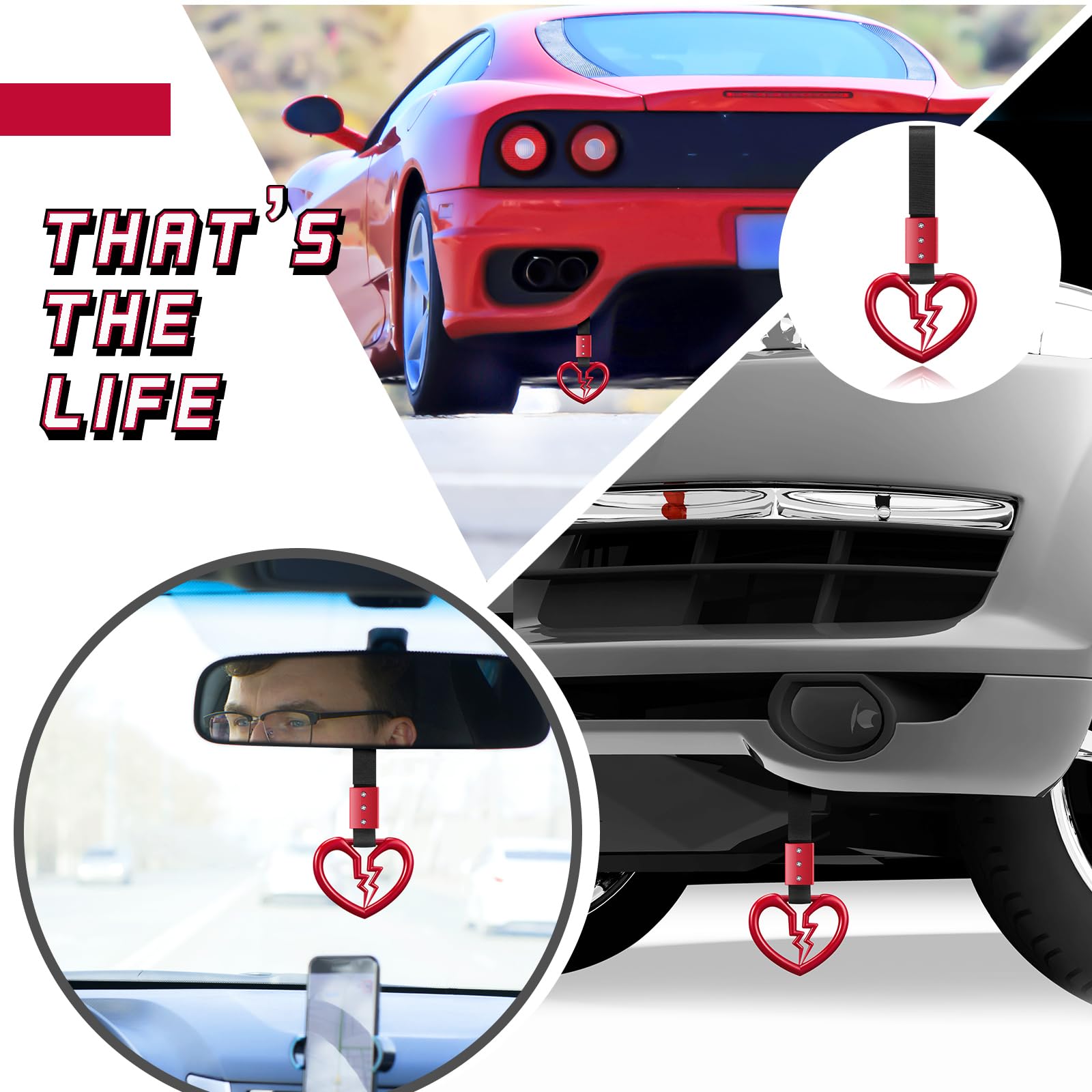 Fabbay 2 Pieces Heart Handle Keychains Car Accessory Heart Hand Strap Drift Charm For Car Interior Exterior Decoration (Red,Hear
