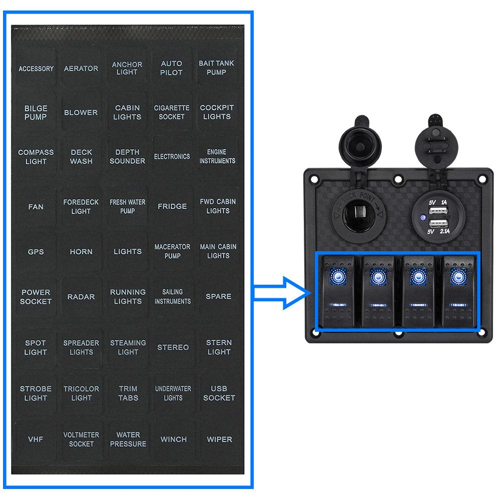 BUNKER INDUST Set of 2 Black 3M Vinyl Decal Sticker Labels for Caravan Marine Boat Dash Board Instrument Rocker Switch Circuit Panel