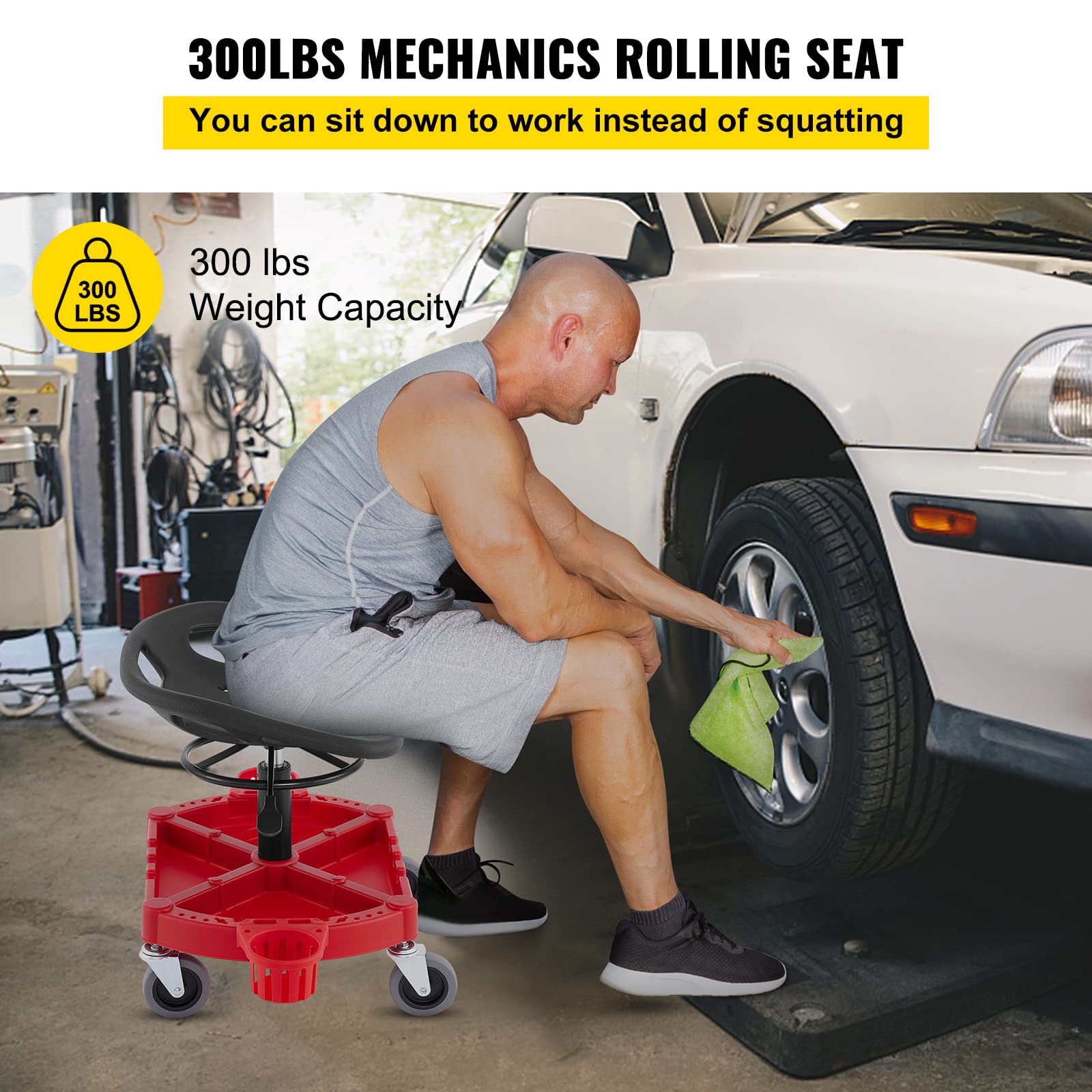 Vevor Rolling Garage Stool, 300Lbs Capacity, Adjustable Height From 18 In To 23 In, 360-Degree Swivel Wheels (4'), Large Tool Tray With Two Bottle Holder, For Workshop, Auto Repair Shop, Red