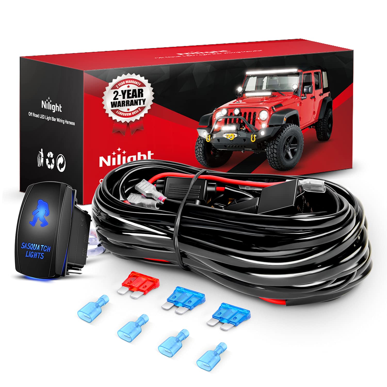Nilight - 10013W Ni -Wa 07 Led Light Bar Wiring Harness Kit Sasquatch Lights 12V 5Pin Rocker Laser On Off Waterproof Switch Powe