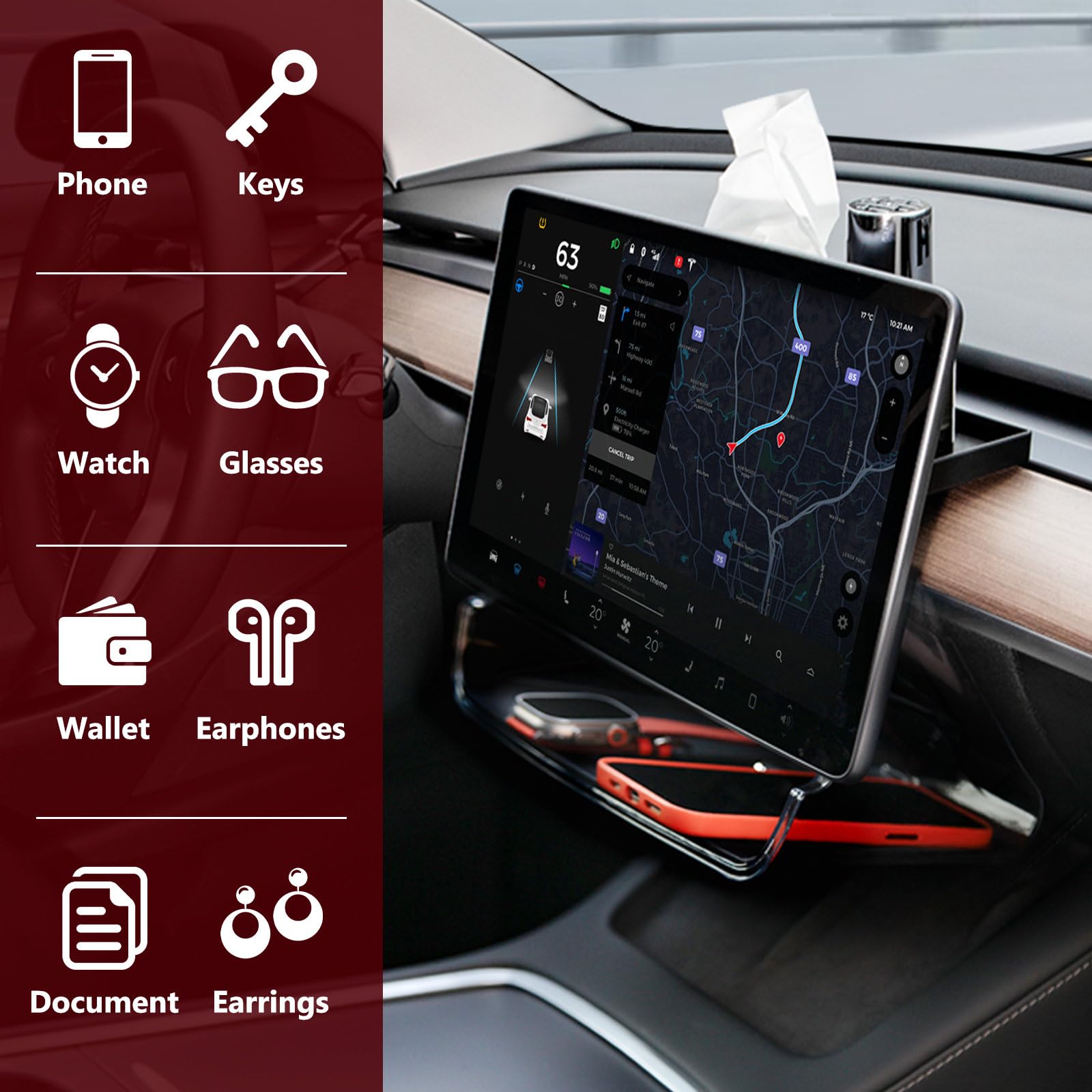 Klutchtech Model 3/Y Center Console Organizer Tray Magnetic Under Screen Storage Box Behind Screen Tray Dashboard Organizer Tiss