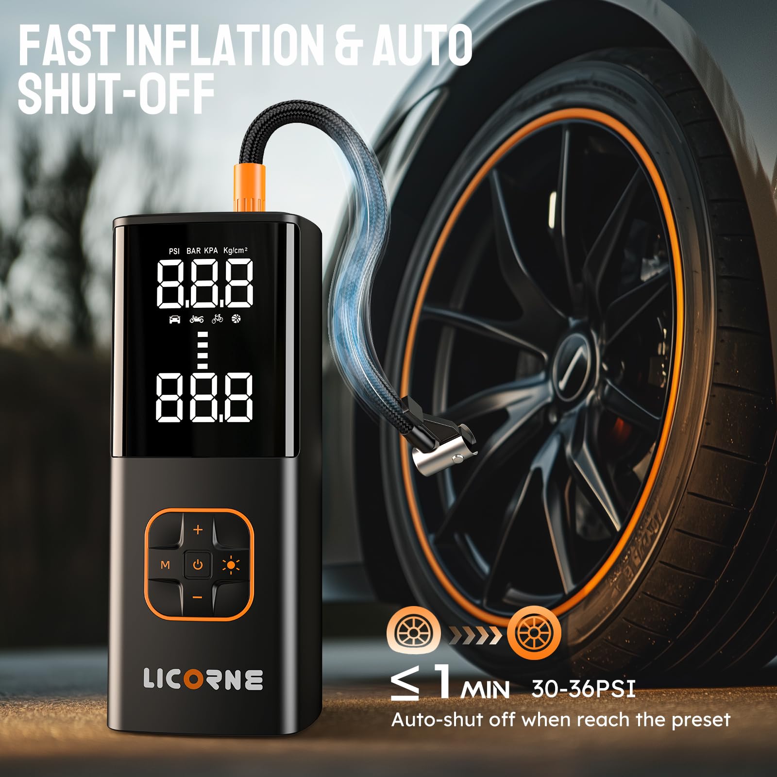 LICORNE Tire Inflator Portable Air Compressor - 180PSI Cordless Pump for Cars, Bikes & Motorcycles - Black, Model P099