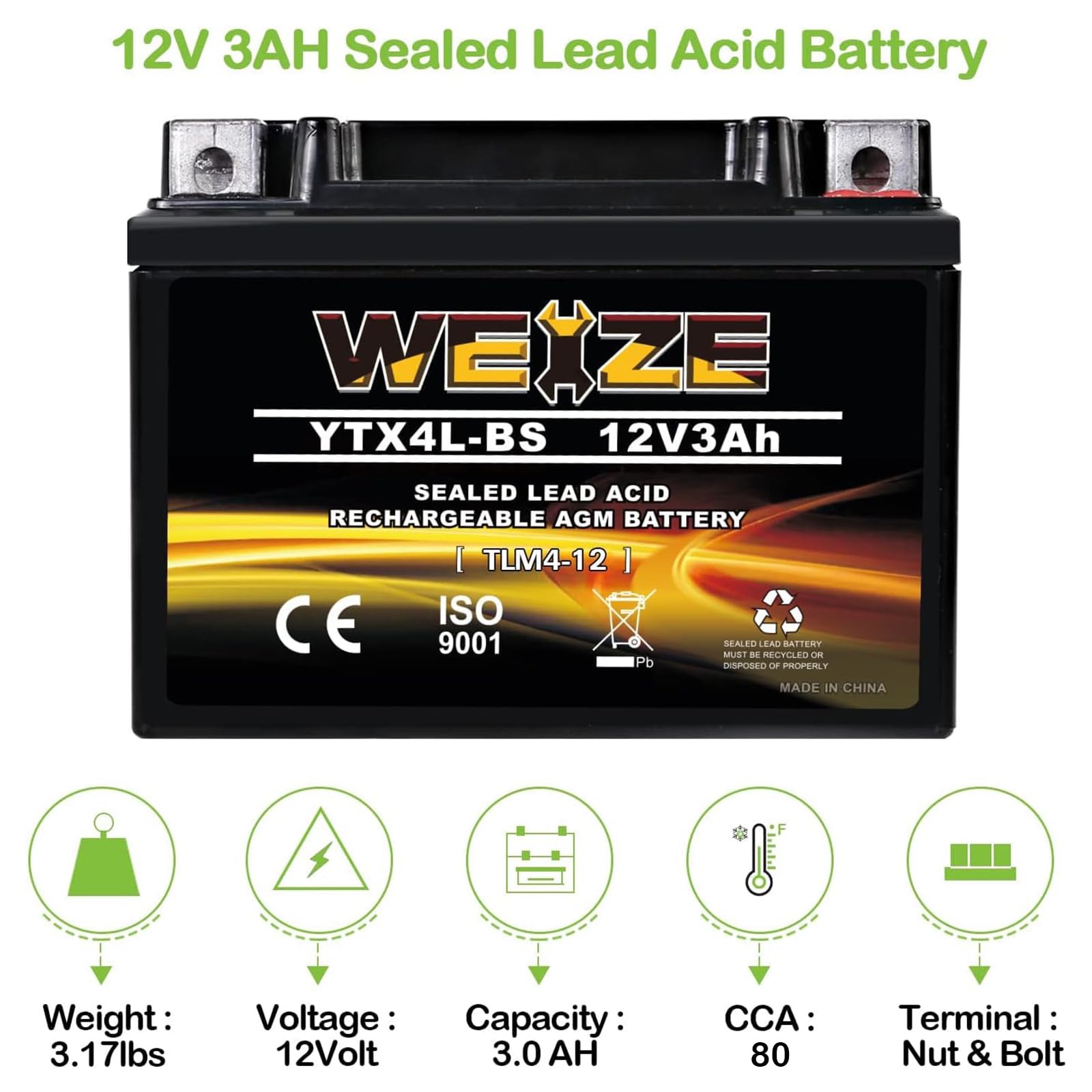 WEIZE YTX4L-BS Motorcycle Battery - High Performance, Sealed, Black, Compatible with Polaris, Honda, Kawasaki, Yamaha, Size: ytx-4L