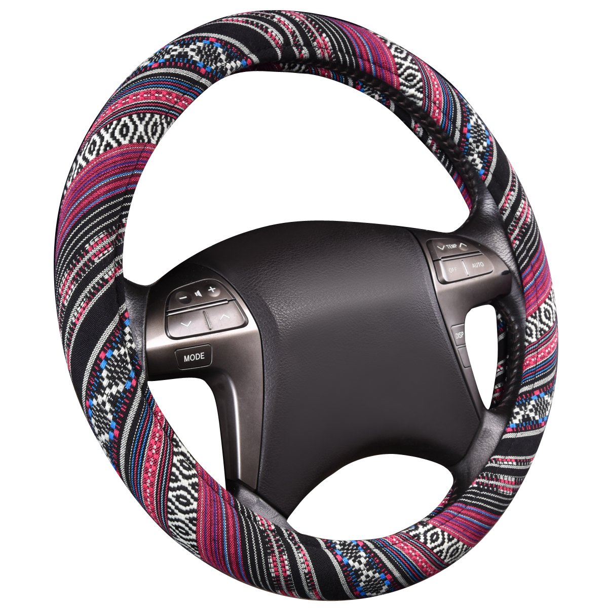 CAR PASS Boho Ethnic Flax Cloth Steering Wheel Cover, Anti-Slip, Fits 14.5-15 inches, Universal for Cars, SUVs, Vans