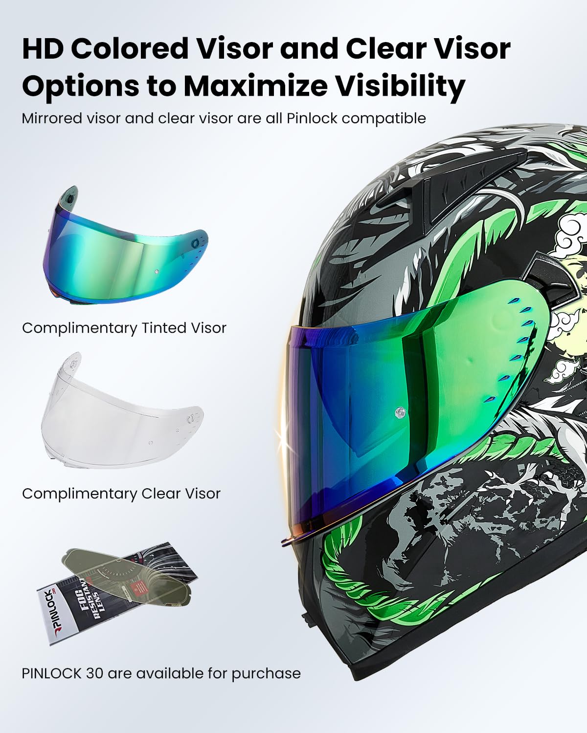 ILM Full Face Motorcycle Helmet Z501, Pinlock Compatible, XX-Large, Legend Green, Acrylonitrile Butadiene Styrene, DOT Certified