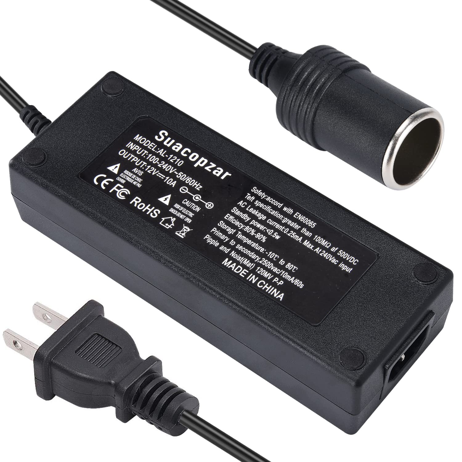 Suacopzar 12V 10A Car Power Adapter Female Auto Cigarette Lighter Plug, Ac 100-240V To Dc 12V 10A 120W Power Supply Adapter Ac T