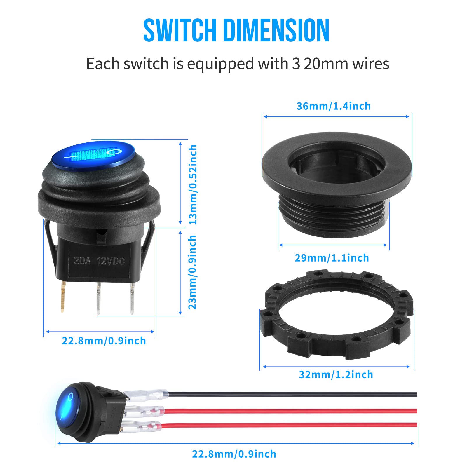 12 Volt Toggle Switch Waterproof 2 PCS, Blue LED Lighted Round Rocker Switch Panel with 6 Hot-Melt Terminals and 20cm Detachable