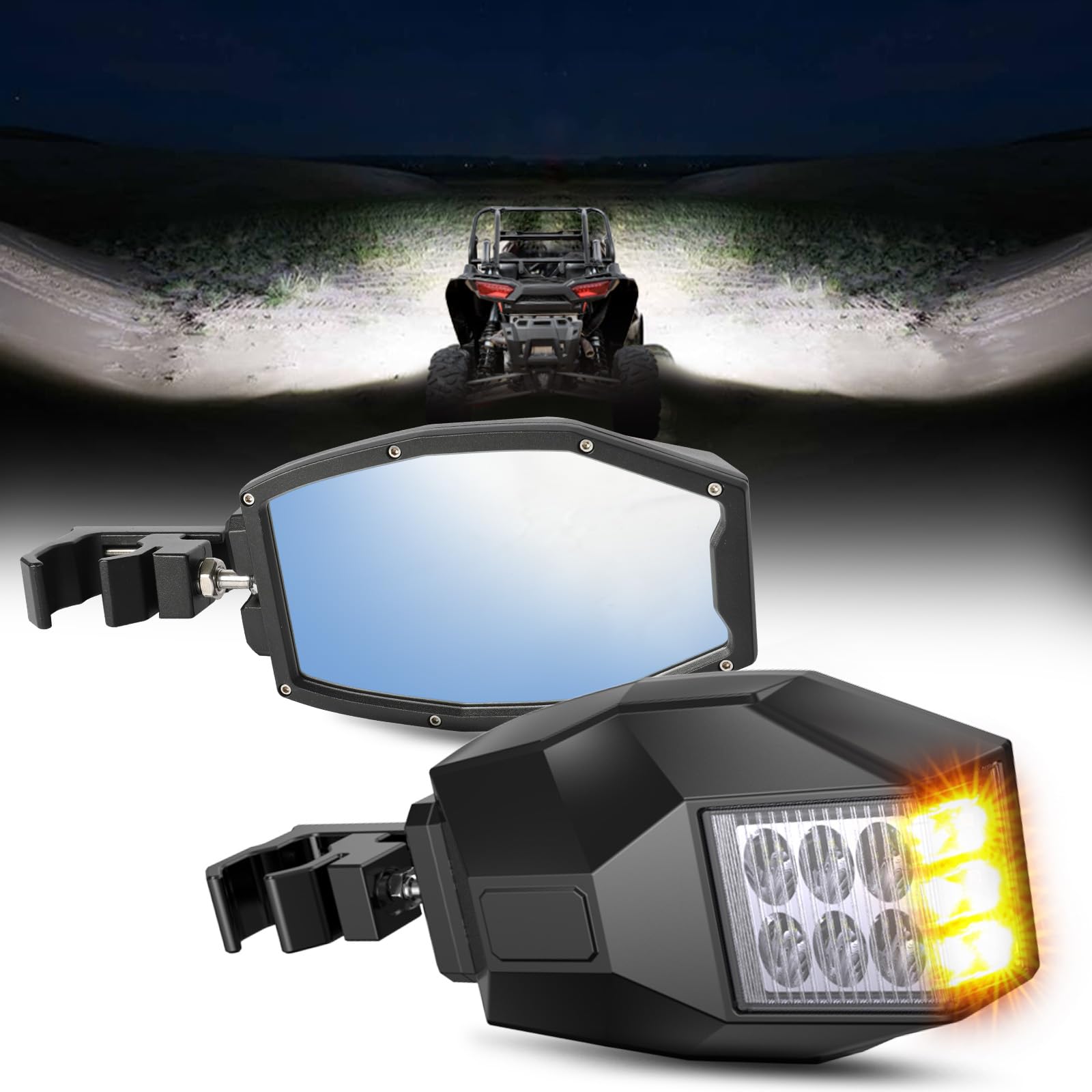 BraveWAY Side View Mirrors with Turn Signal + Work Lights Flood Beam for ATV UTV 1.75''-2'', Compatible with Pioneer Polaris RZR