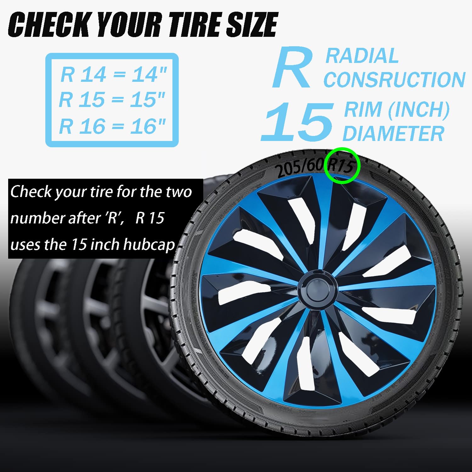 Aiqiying Hubcap Wheel Cover Set of 4, 15-Inch, ABS Material, Blue-Black, Iron Wheels Hub Cap for Car, Truck, SUV