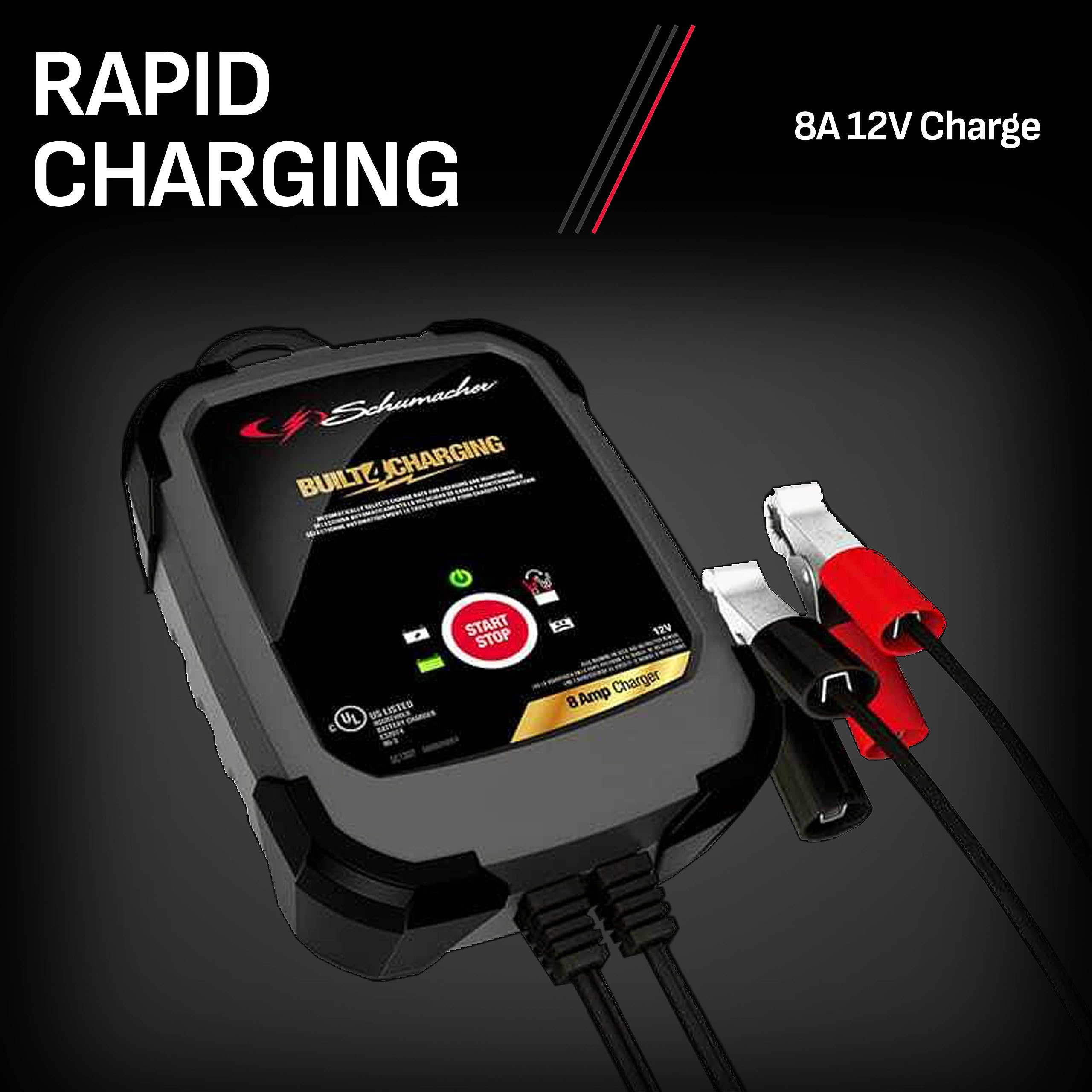 Schumacher Electric SC1302 Battery Charger, 8A Fully Automatic, 12V for Cars, Trucks, SUVs, and Marine - Black