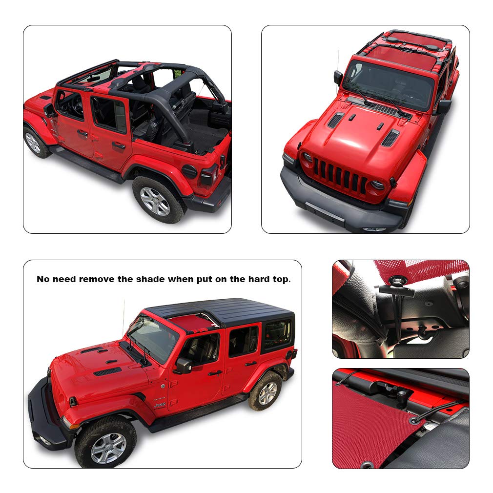Shadeidea Jeep Wrangler Sunshade JL Unlimited 4 Door Cherry Red Mesh Screen UV Blocker, 2 Piece, 2018-2023, Polyester, Model IDS-JLU4D-Combo-