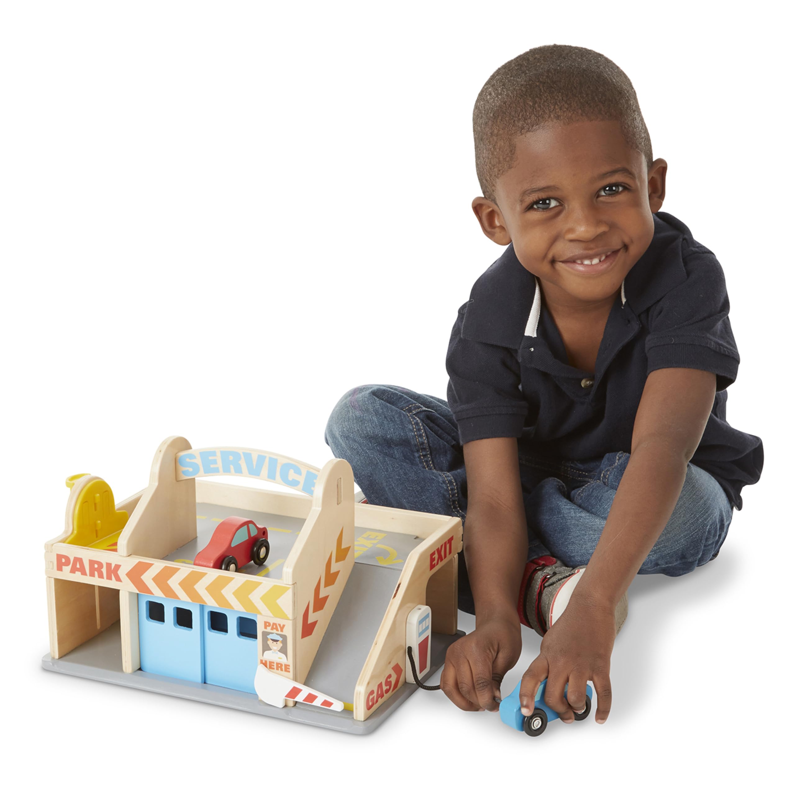Melissa & Doug Service Station Parking Garage with 2 Wooden Cars, Drive-Thru Car Wash, One Size, Multi Color, Model 98050