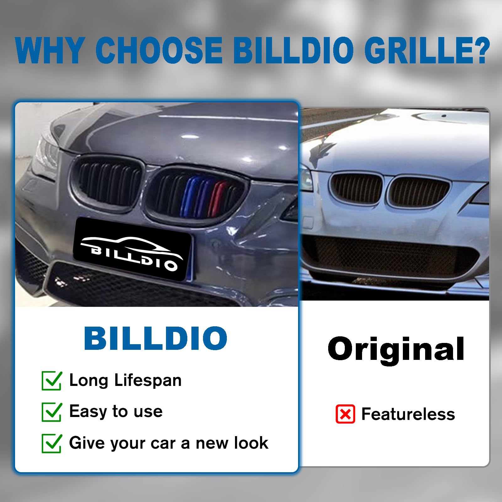 BILLDIO E60 Front Kidney Grille - Double Slats, Plastic, Compatible with 2003-2009 BMW 5 Series 520i-550i, M Color