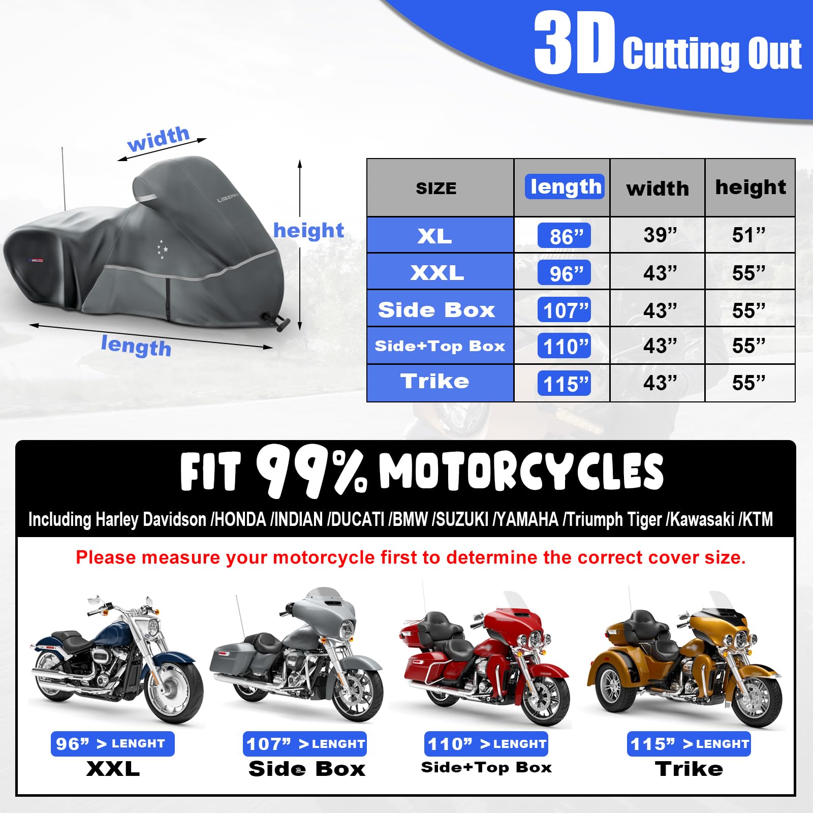 LI LIBZAKI Motorcycle Cover 600D Heavy Duty Waterproof 96" XXL Light Gray