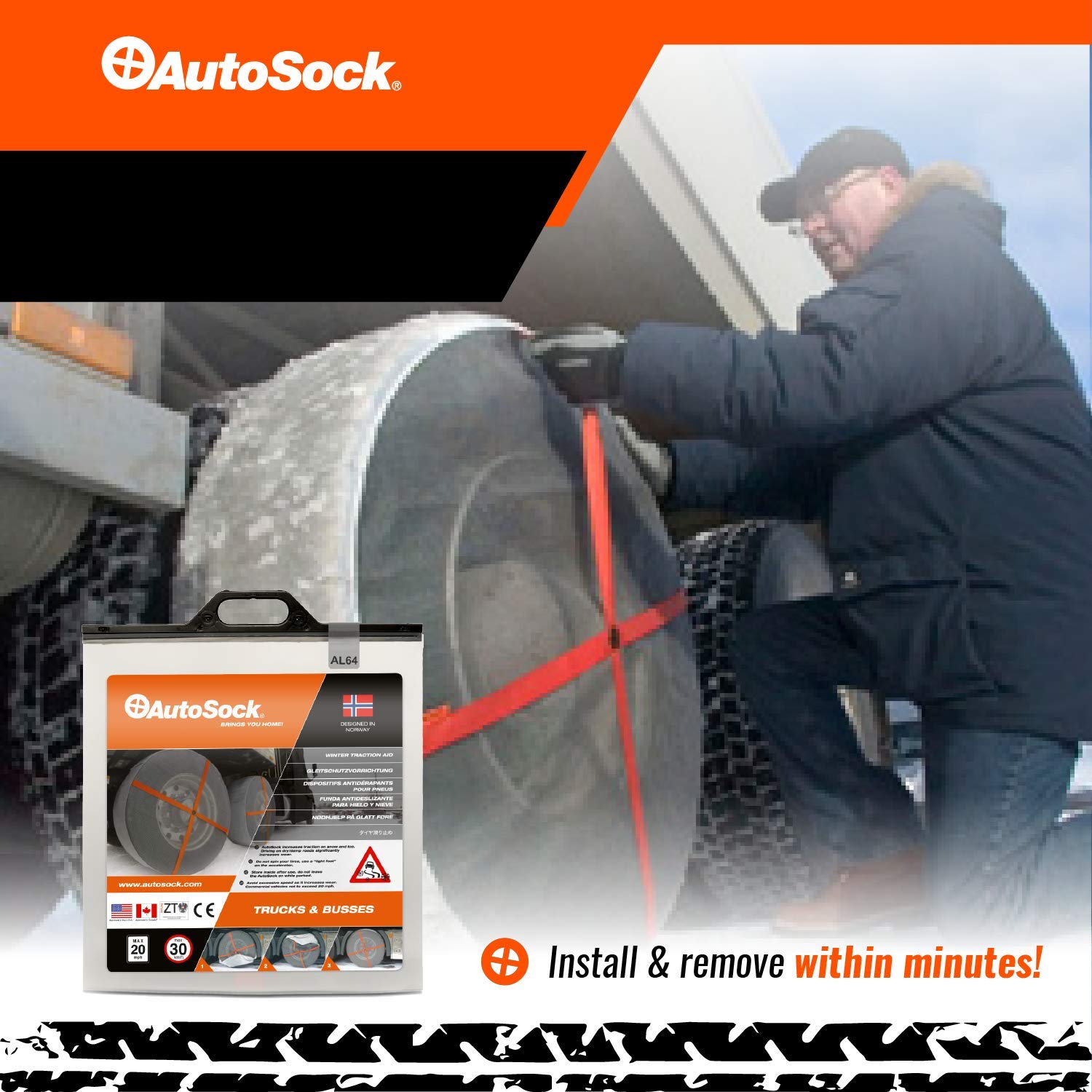 AutoSock AL 64 Snow Socks For Tires, Grip Boost Traction Device Winter Tires, 2 Count