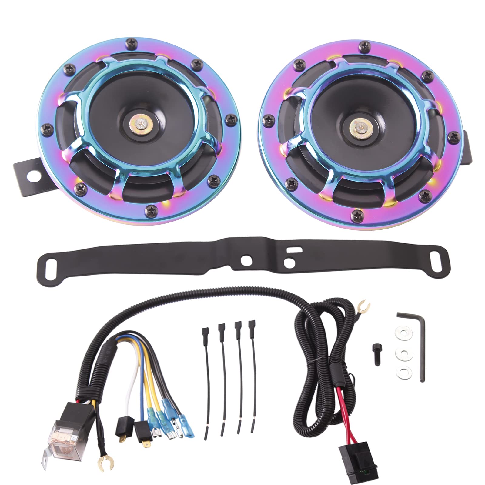 FARBIN Waterproof Car Horn Loud Super tone High Tone/Low Tone Metal Twin Horns Kit with Protective Grill (colour horn with harne