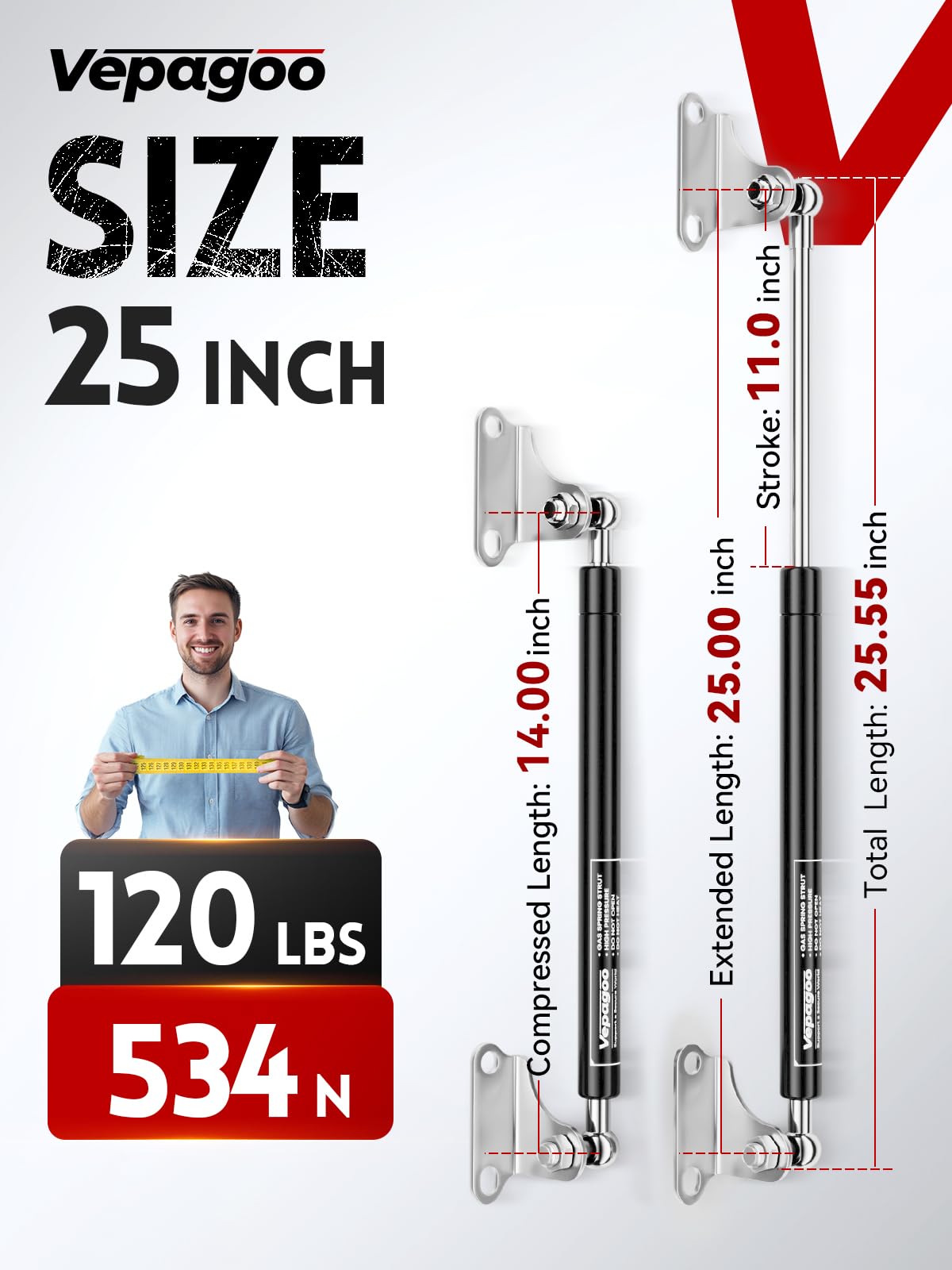 Vepagoo 25 Inch Gas Struts - 120Lb/534N Shock for RV Bed Storage, Black, Carbon Steel, Includes Mounting Brackets, 1 Pair