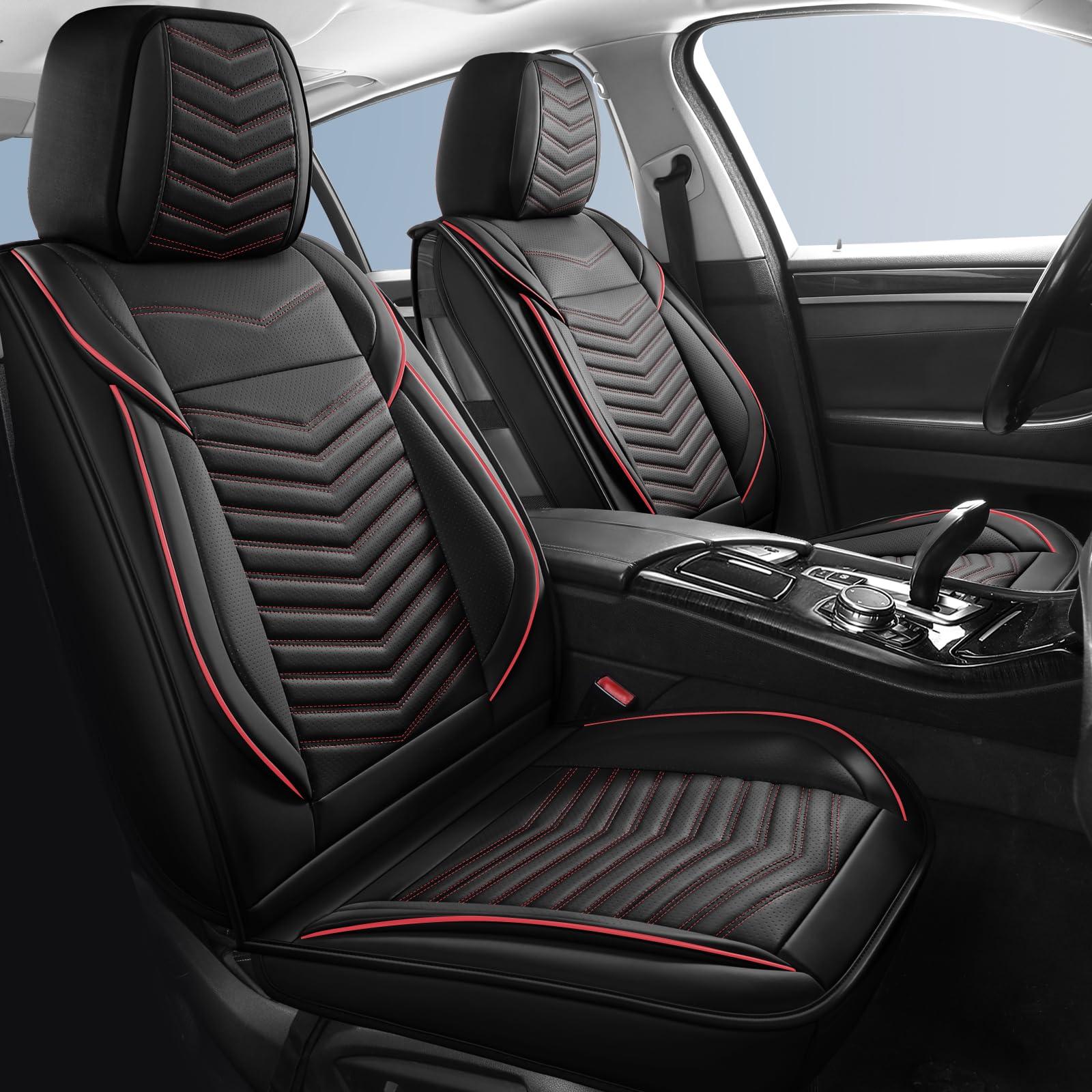 HChengkikz Car Seat Covers, Waterproof Faux Leather, 5 PCS Full Set, Black + Red, Universal Anti-Slip for Cars, SUVs, Trucks