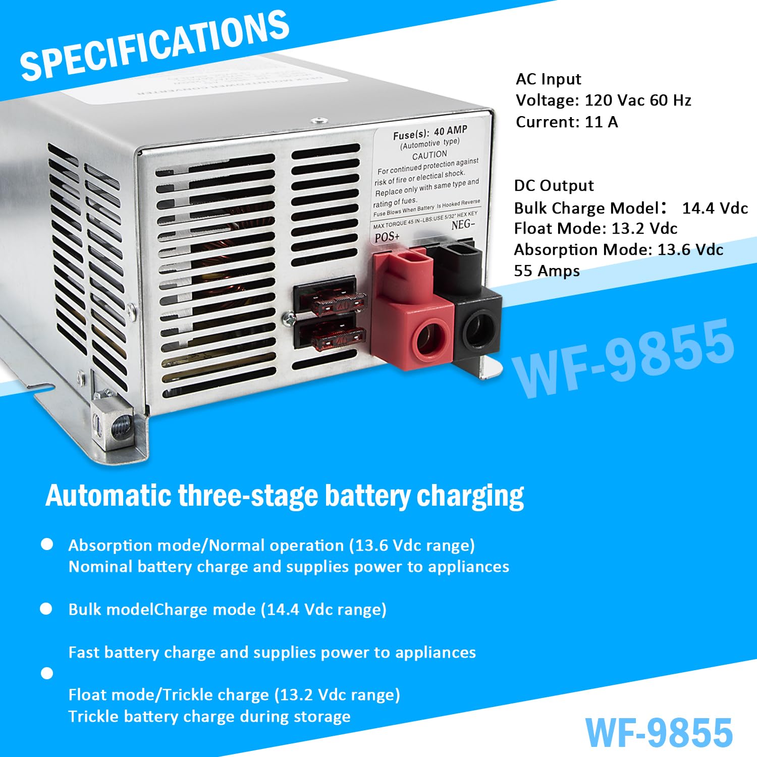WF-9855 55 Amp Deck Mount Charger/Converter with Lithium-Ion Switch Replacement for RV Trailer Camper 9800 Series